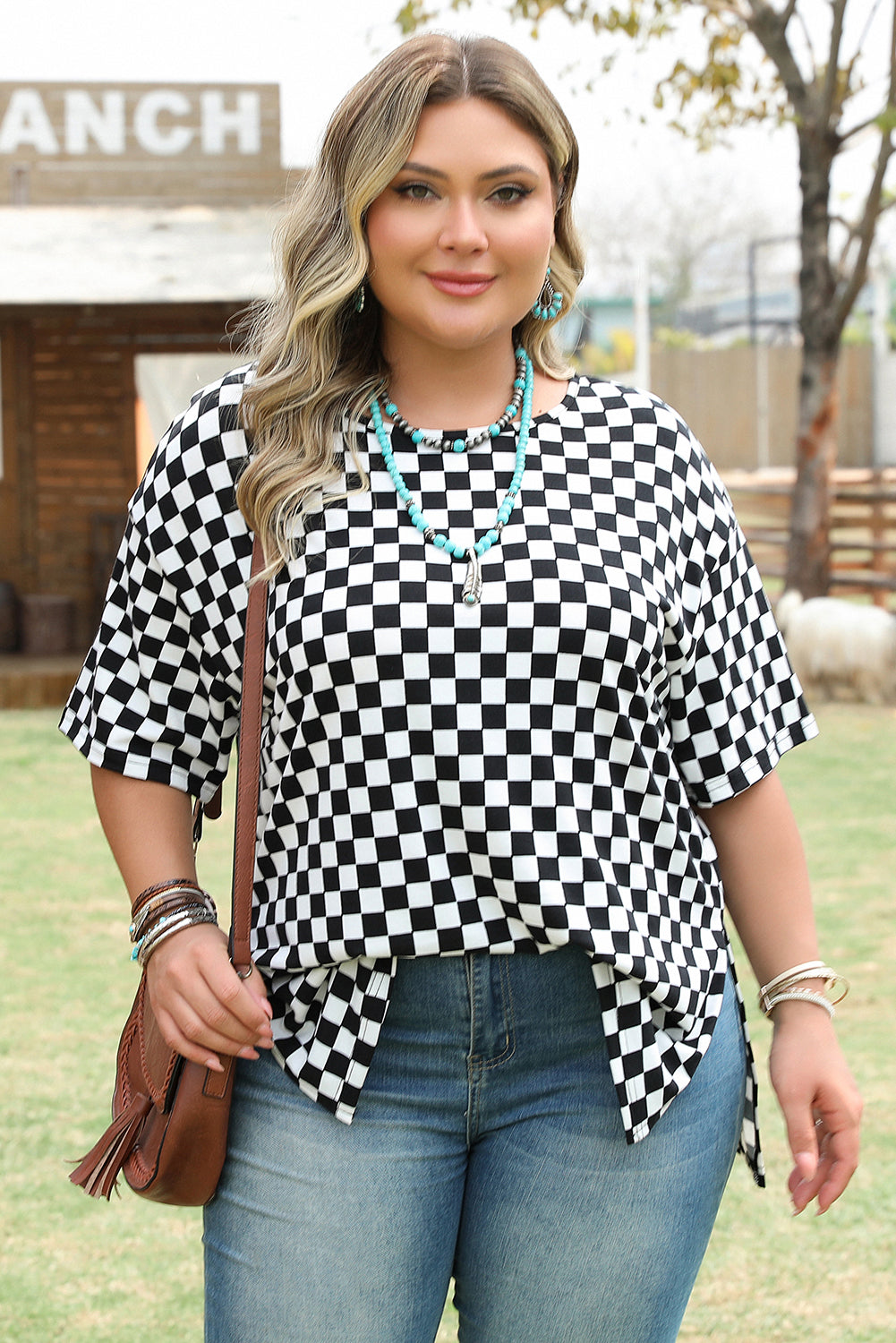 Blue Zone Planet | Black Checkered Print Side Slits O Neck Plus Size T Shirt-Plus Size/Plus Size Tops/Plus Size Tops & Tees-[Adult]-[Female]-2022 Online Blue Zone Planet
