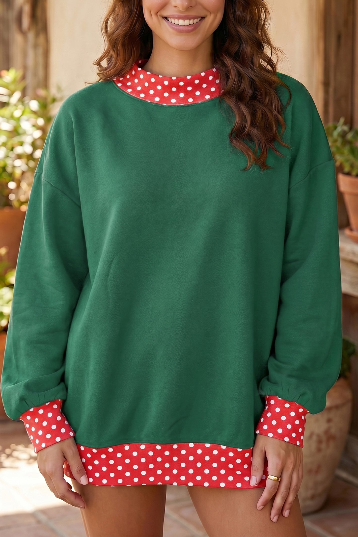 Dirty blue Colorblock Polka Dot Contrast Trim Oversized Sweatshirt-Tops/Sweatshirts & Hoodies-[Adult]-[Female]-Dark Green-S-2022 Online Blue Zone Planet