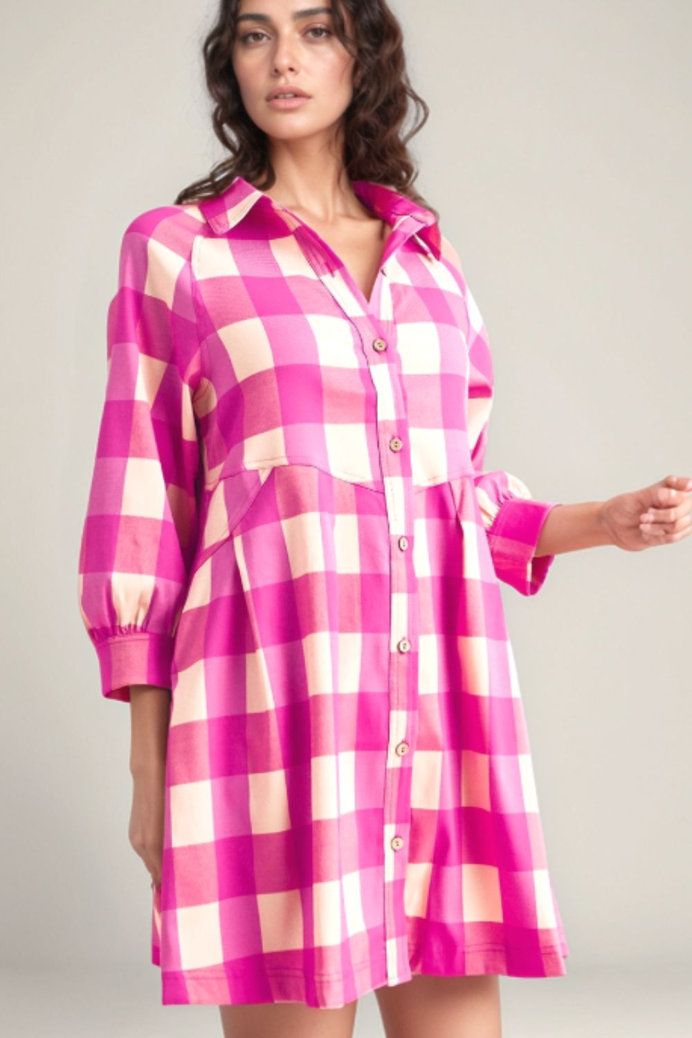 Blue Zone Planet | Ruched Plaid Three-Quarter Sleeve Shirt Dress-TOPS / DRESSES-[Adult]-[Female]-2022 Online Blue Zone Planet