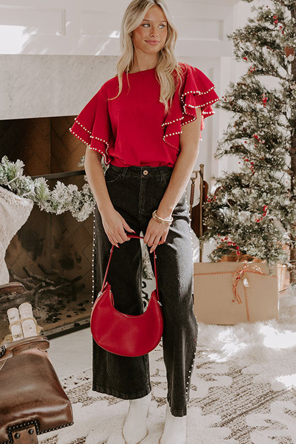 Racing Red Pearl Embellished Double Ruffle Short Sleeve Sweater-TOPS / DRESSES-[Adult]-[Female]-2022 Online Blue Zone Planet
