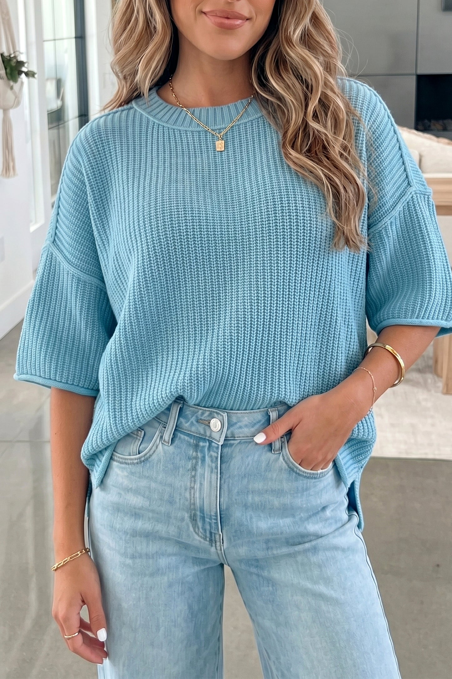 Mist Blue Exposed Seam Detail Half Sleeve Loose Sweater-Sweaters & Cardigans/Short Sleeve Sweaters-[Adult]-[Female]-Mist Blue-S-2022 Online Blue Zone Planet
