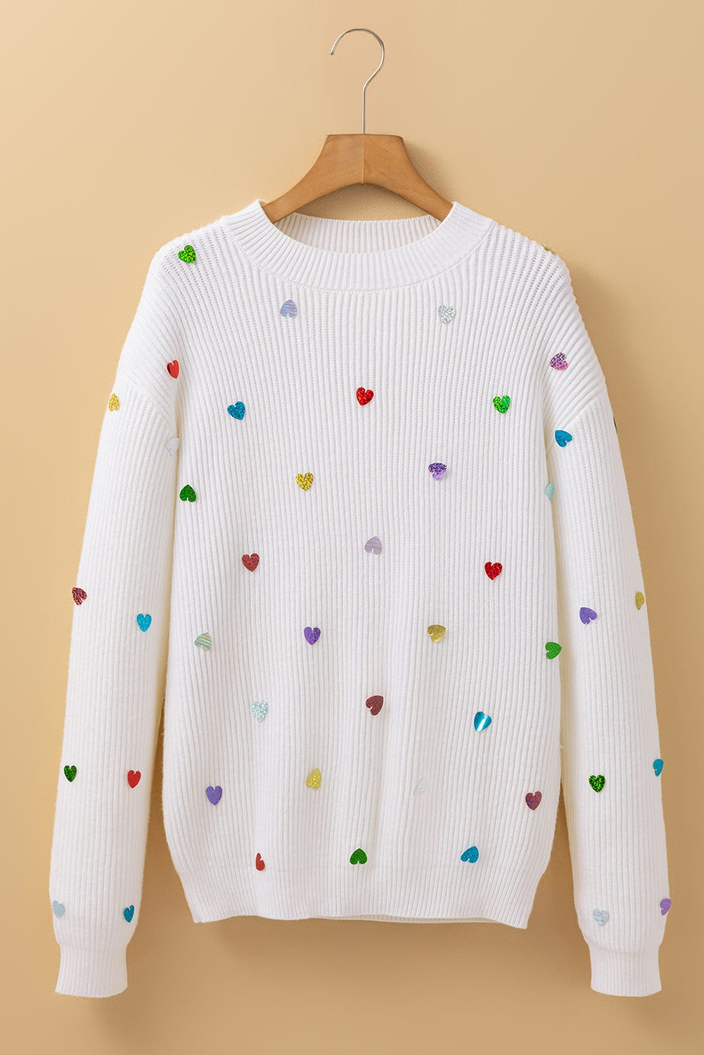 Blue Zone Planet | Beige Sequin Heart Shape Waffle Knit Round Neck Sweater-Sweaters & Cardigans/Sweaters-[Adult]-[Female]-2022 Online Blue Zone Planet