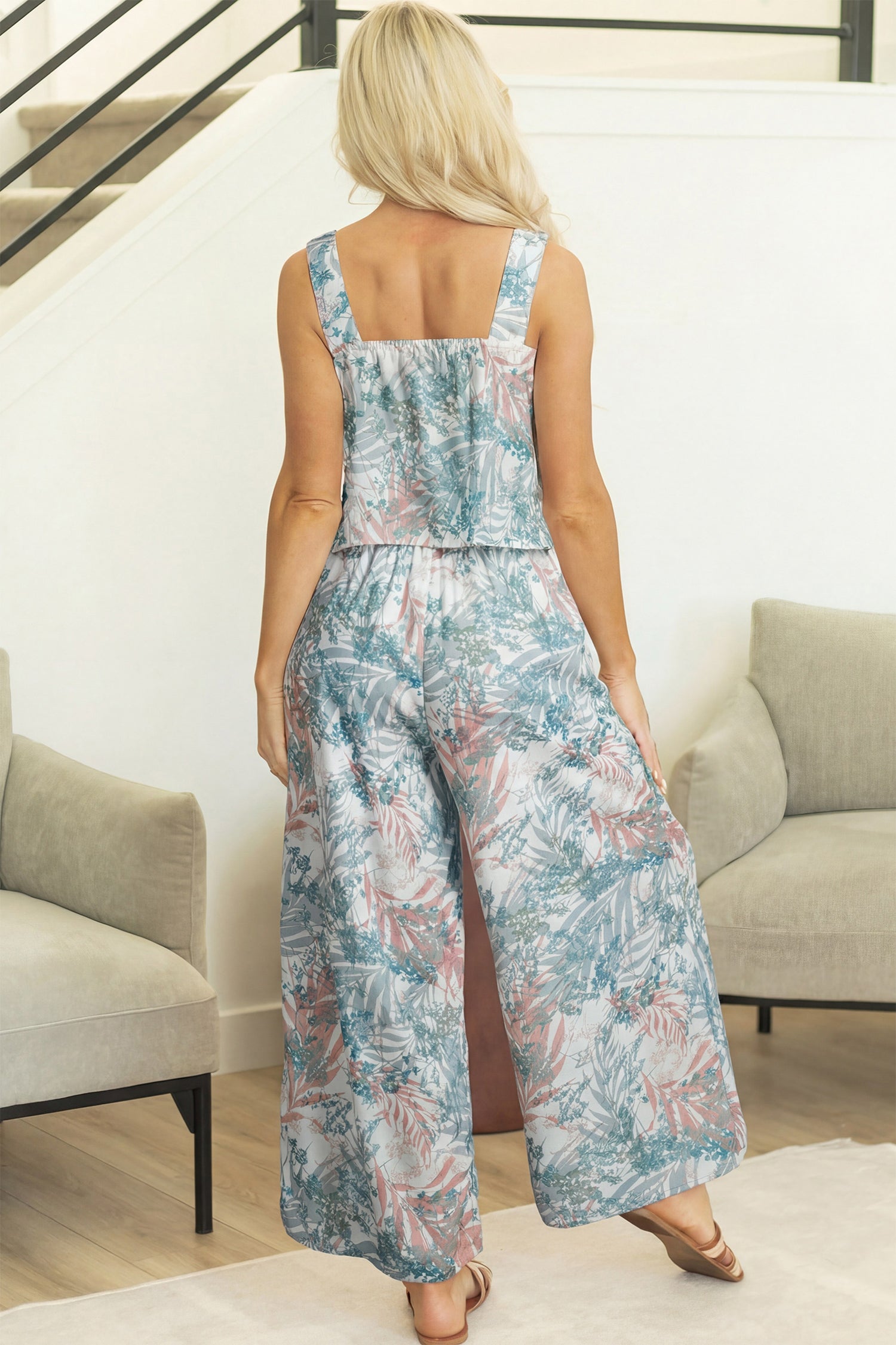 Green Tropical Palm Printed Cropped Tank Drawstring Wide Leg Pant Set-Two Piece Sets/Pant Sets-[Adult]-[Female]-2022 Online Blue Zone Planet