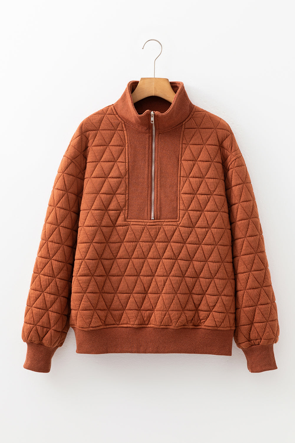 Straw Yellow Geometric Quilted Half Zipped Loose Sweatshirt-Tops/Sweatshirts & Hoodies-[Adult]-[Female]-2022 Online Blue Zone Planet