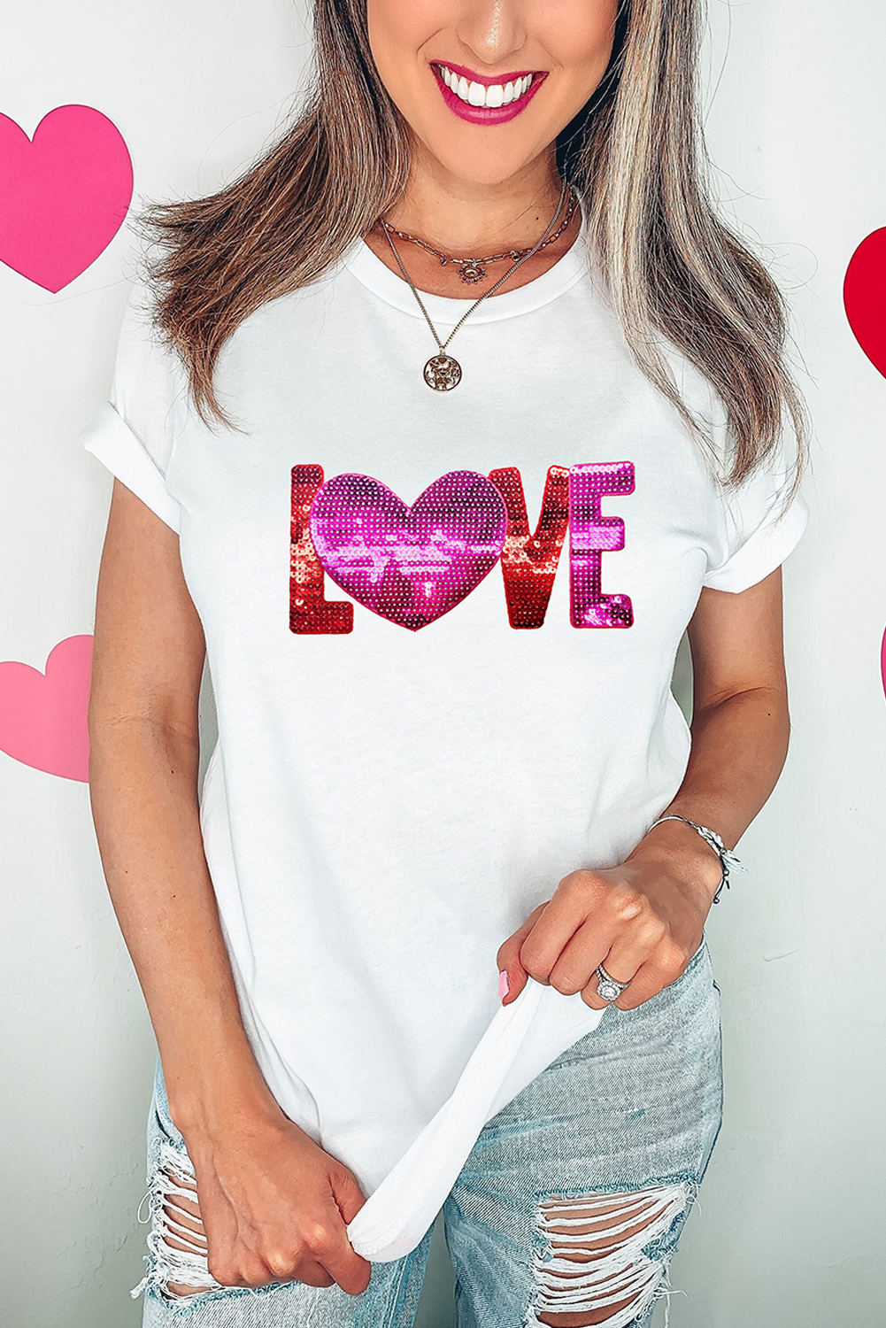 White Heart LOVE Patched Pattern Crewneck Valentines T Shirt-Graphic Tees-[Adult]-[Female]-2022 Online Blue Zone Planet