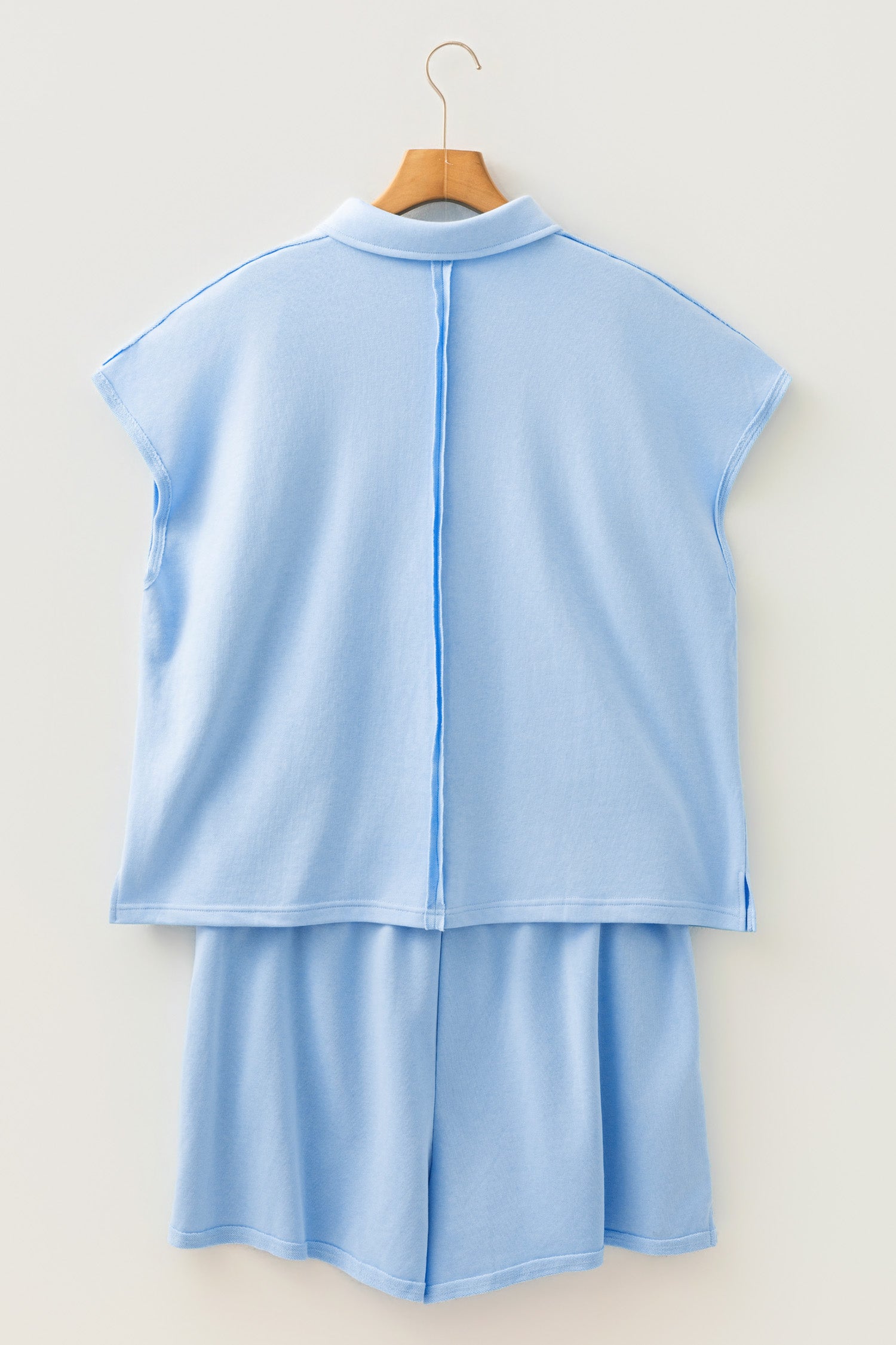 Mist Blue Solid Color Polo Tee Elastic Waist Shorts Plus Size Outfit-Plus Size/Plus Size Loungewear-[Adult]-[Female]-2022 Online Blue Zone Planet