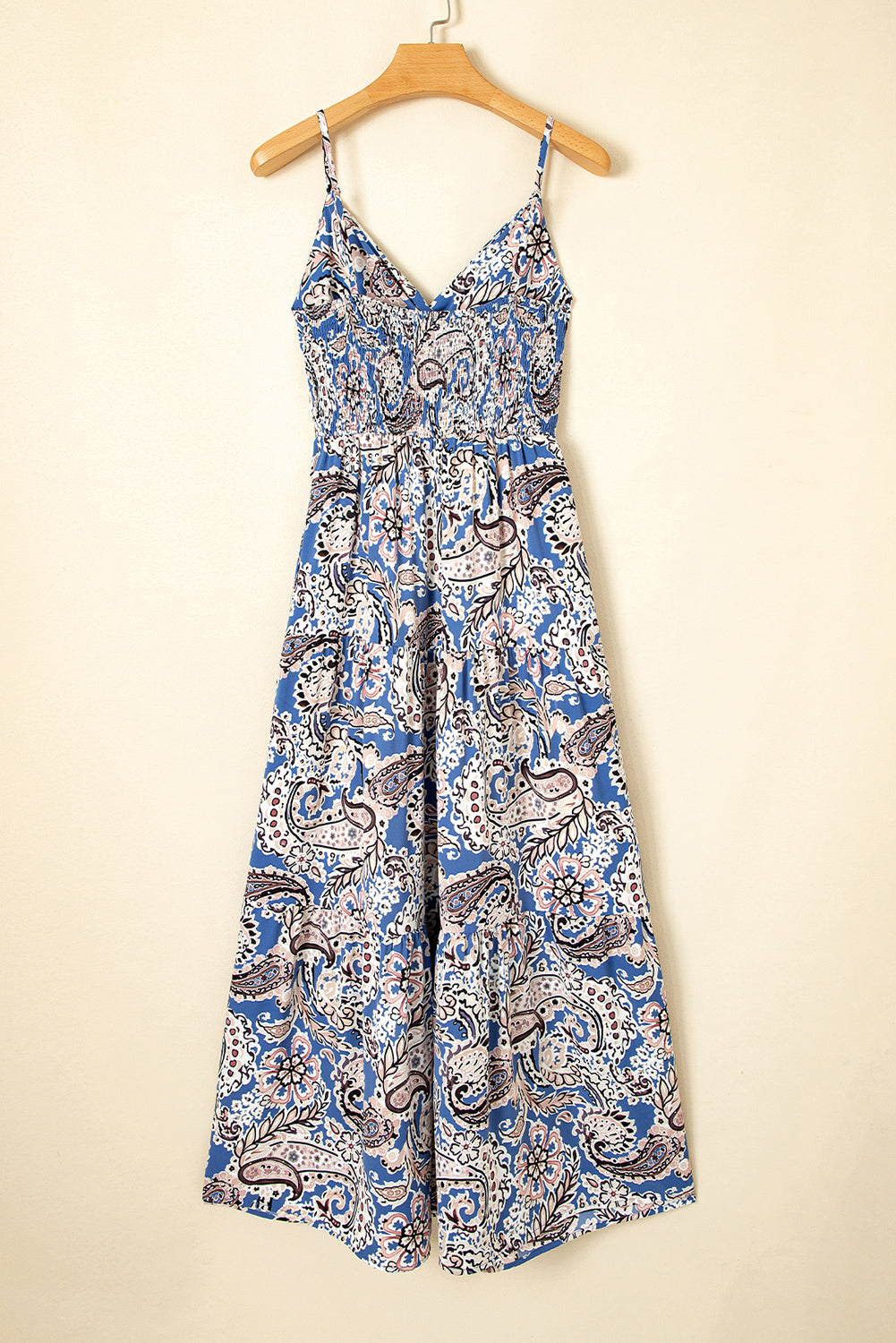 Blue Paisley Print Twist Detail Smocked Back Spaghetti Straps Long Dress-TOPS / DRESSES-[Adult]-[Female]-2022 Online Blue Zone Planet