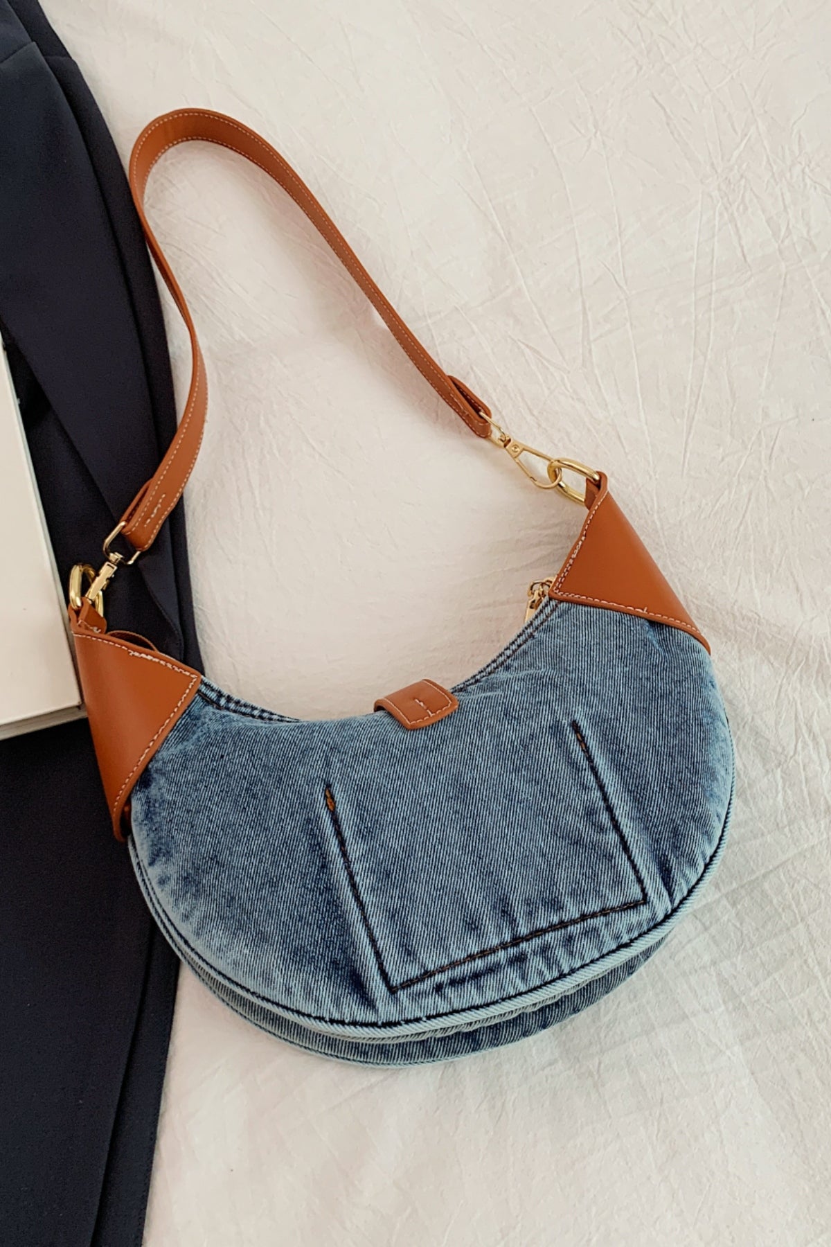 Contrast Denim Shoulder Bag-[Adult]-[Female]-2022 Online Blue Zone Planet