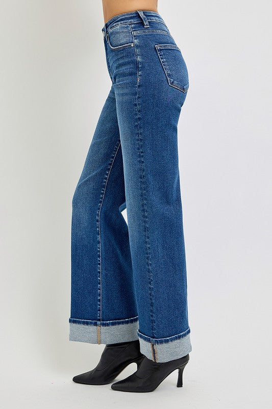 Blue Zone Planet | RISEN Tummy Control High Rise Cuffed Jeans-BOTTOMS SIZES SMALL MEDIUM LARGE-[Adult]-[Female]-2022 Online Blue Zone Planet