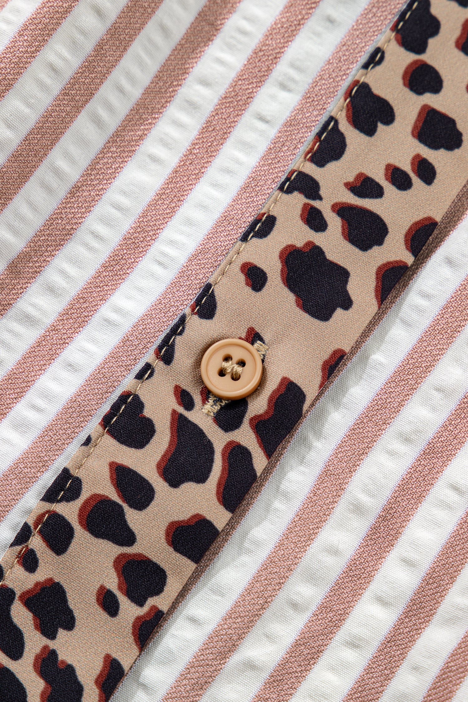 Pink Stripe Leopard Trim V Neck Button Down Half Sleeve Shirt-Tops/Blouses & Shirts-[Adult]-[Female]-2022 Online Blue Zone Planet