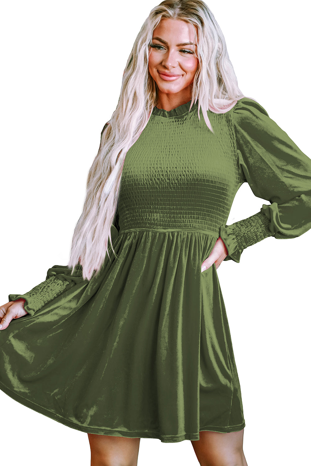 Blue Zone Planet | Moss Green Frilled Neck Smocked Bodice Velvet Dress-TOPS / DRESSES-[Adult]-[Female]-2022 Online Blue Zone Planet