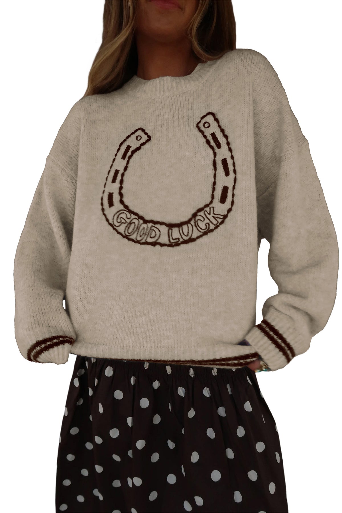 Gray Good Luck Western Horseshoe Crew Neck Knit Sweater-TOPS / DRESSES-[Adult]-[Female]-2022 Online Blue Zone Planet