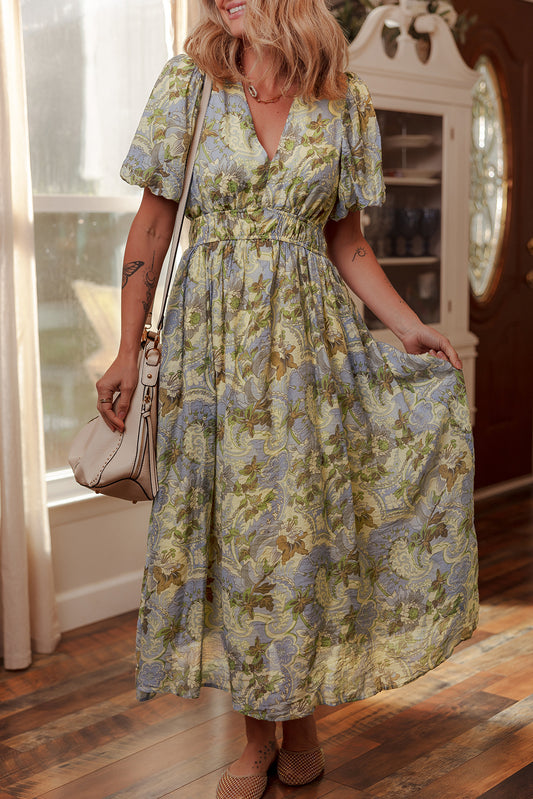 Multicolour Vintage Floral V Neck Short Puff Sleeve Long Dress-TOPS / DRESSES-[Adult]-[Female]-Multicolour-S-2022 Online Blue Zone Planet
