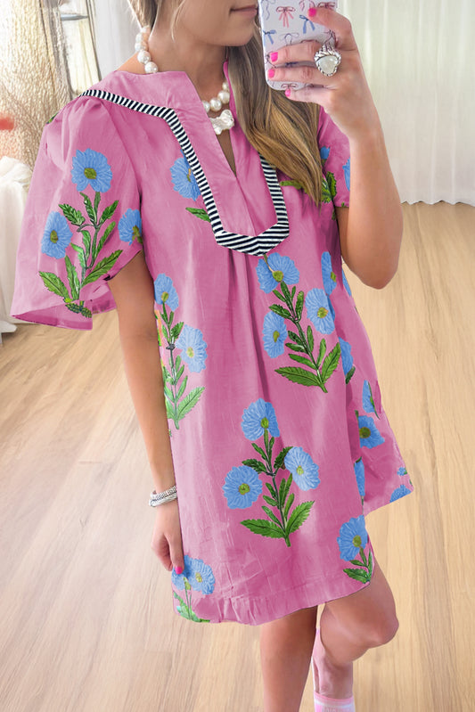 Rose Floral Short Sleeve Split Neck Loose Mini Dress-TOPS / DRESSES-[Adult]-[Female]-Rose-S-2022 Online Blue Zone Planet
