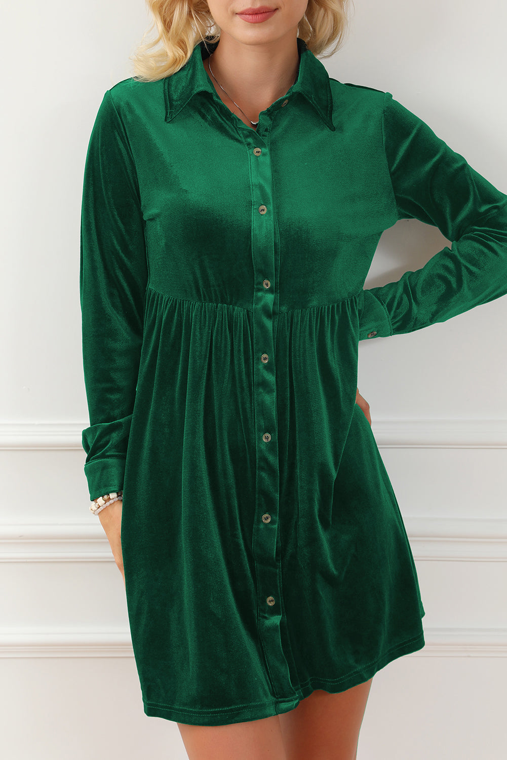 Blue Zone Planet | Green Long Sleeve Ruffle Velvet Button Up Dress-TOPS / DRESSES-[Adult]-[Female]-2022 Online Blue Zone Planet