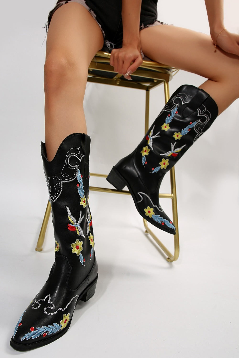 Embroidered Point Toe Block Heel Boots-COWBOY BOOTS-[Adult]-[Female]-2022 Online Blue Zone Planet