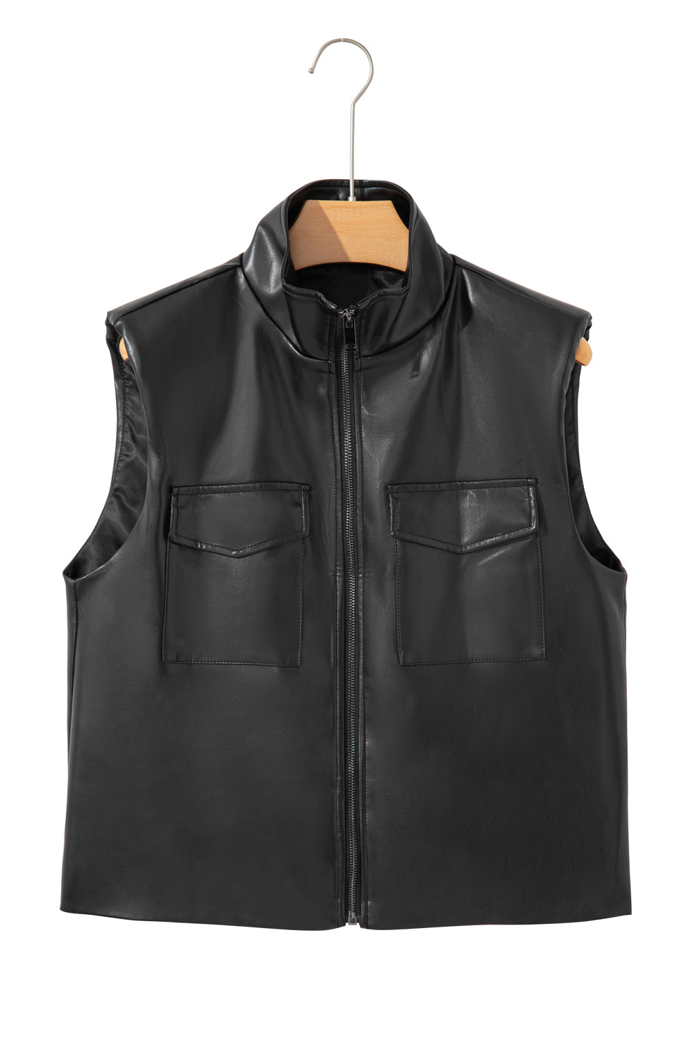 Black Double Flap Pocket Faux Leather Zip Up Stand Neck Vest-Outerwear/Vests-[Adult]-[Female]-2022 Online Blue Zone Planet