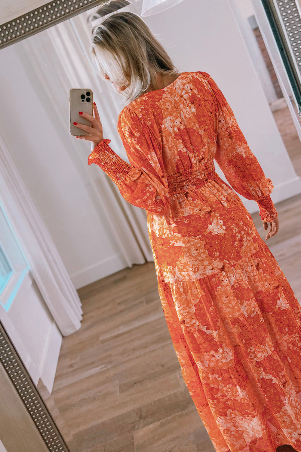 Orange Boho Floral Bishop Sleeve V Neck Tiered Maxi Dress-Dresses/Maxi Dresses-[Adult]-[Female]-2022 Online Blue Zone Planet