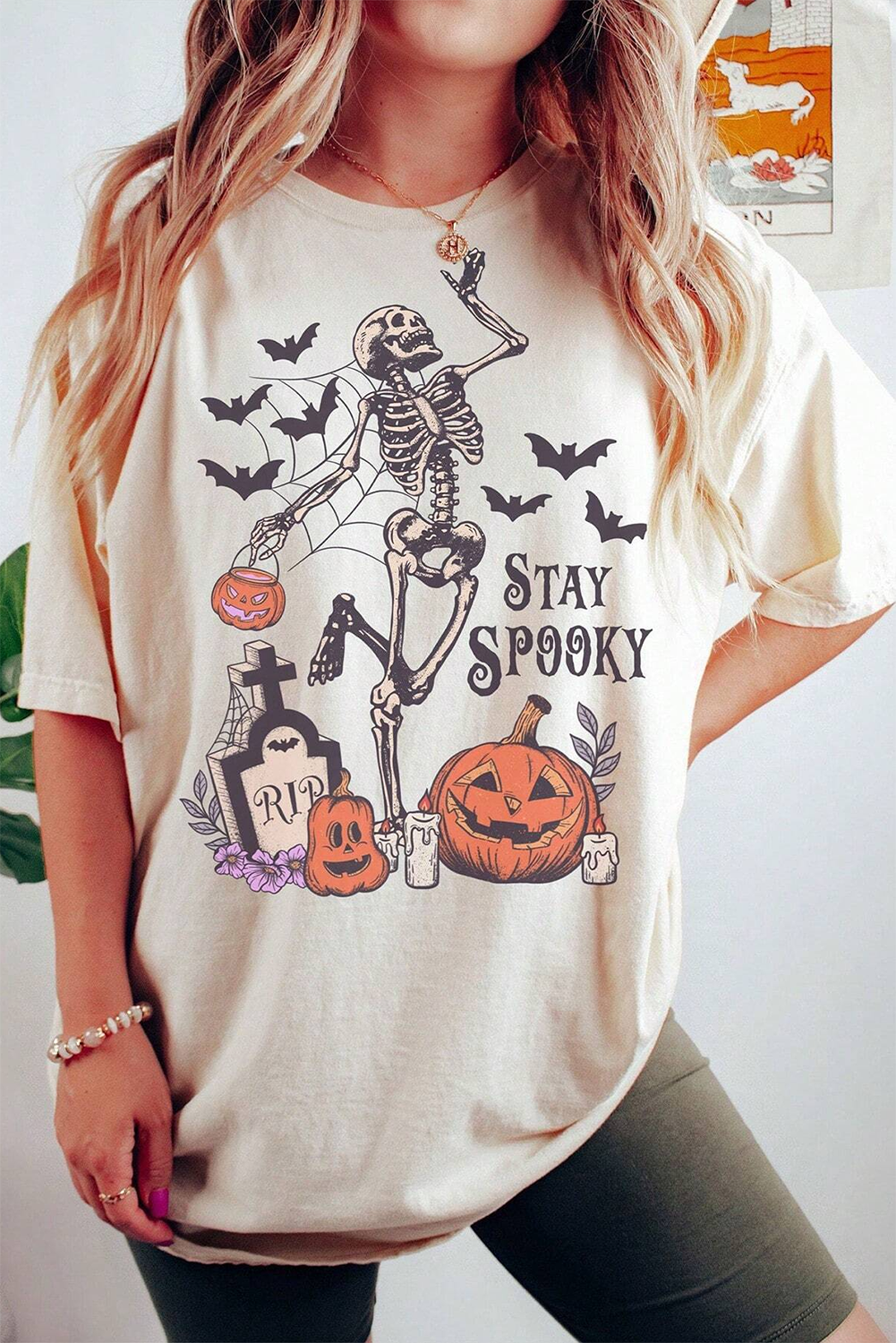 White Skull Pumpkin Face STAY SPOOKY Graphic Halloween T Shirt-Graphic/Graphic Tees-[Adult]-[Female]-White-S-2022 Online Blue Zone Planet