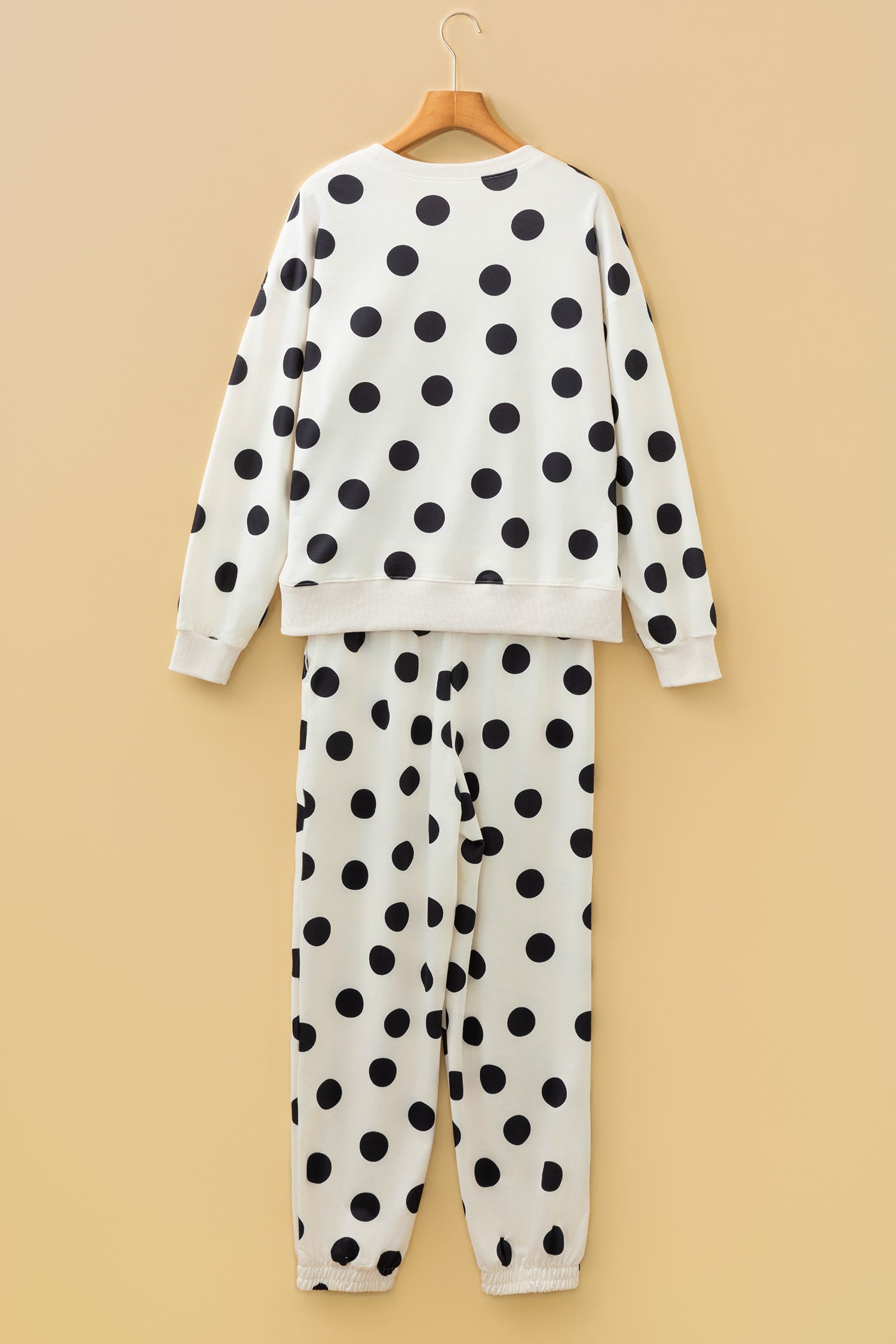 Beige Polka Dot Print Drop Shoulder Pullover Drawstring Jogger Pant Set-Two Piece Sets/Pant Sets-[Adult]-[Female]-2022 Online Blue Zone Planet