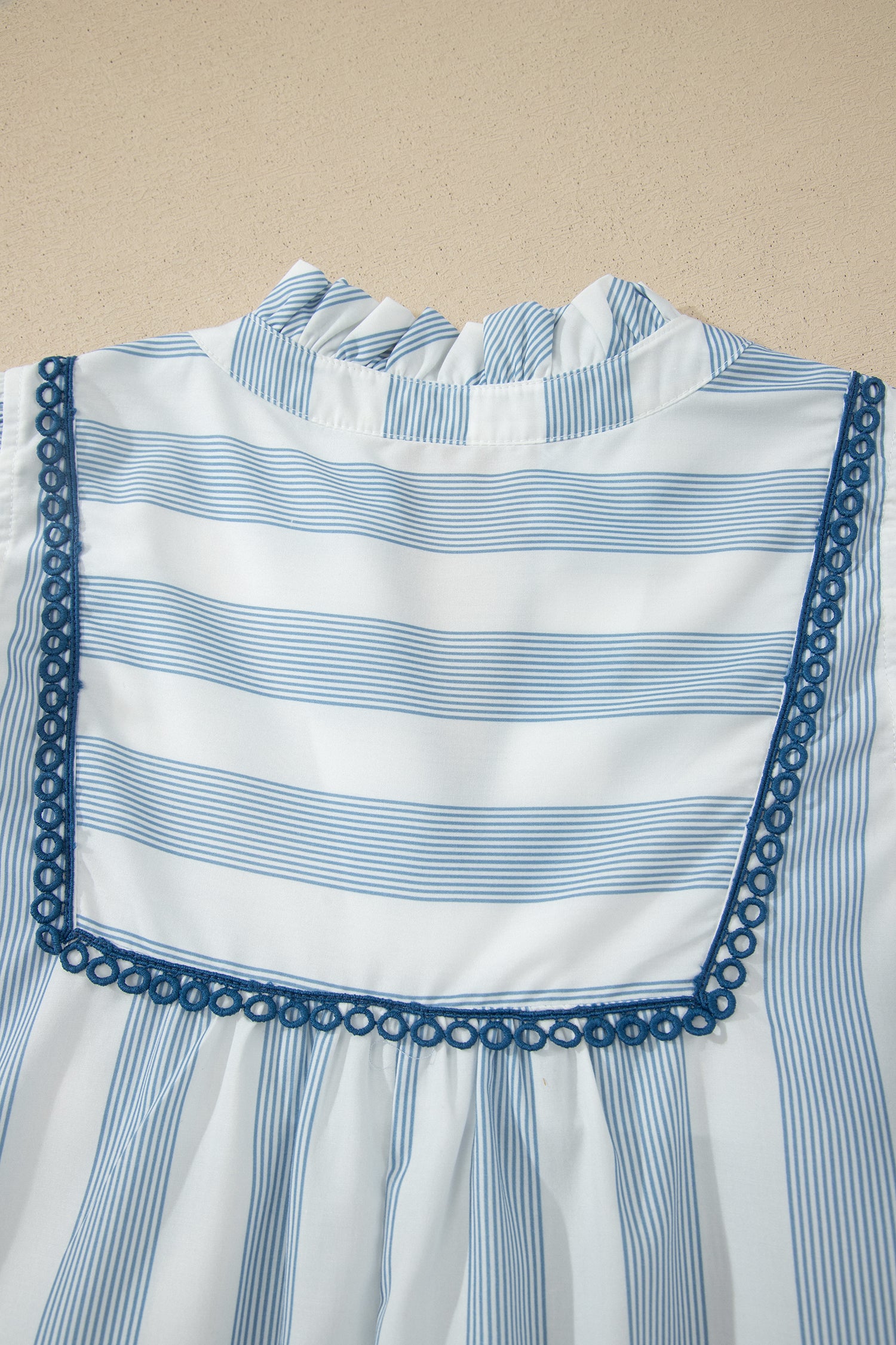 Sky Blue Stripe Subtle Lace Detail V Neck Ruffle Trim Casual Dress-TOPS / DRESSES-[Adult]-[Female]-2022 Online Blue Zone Planet