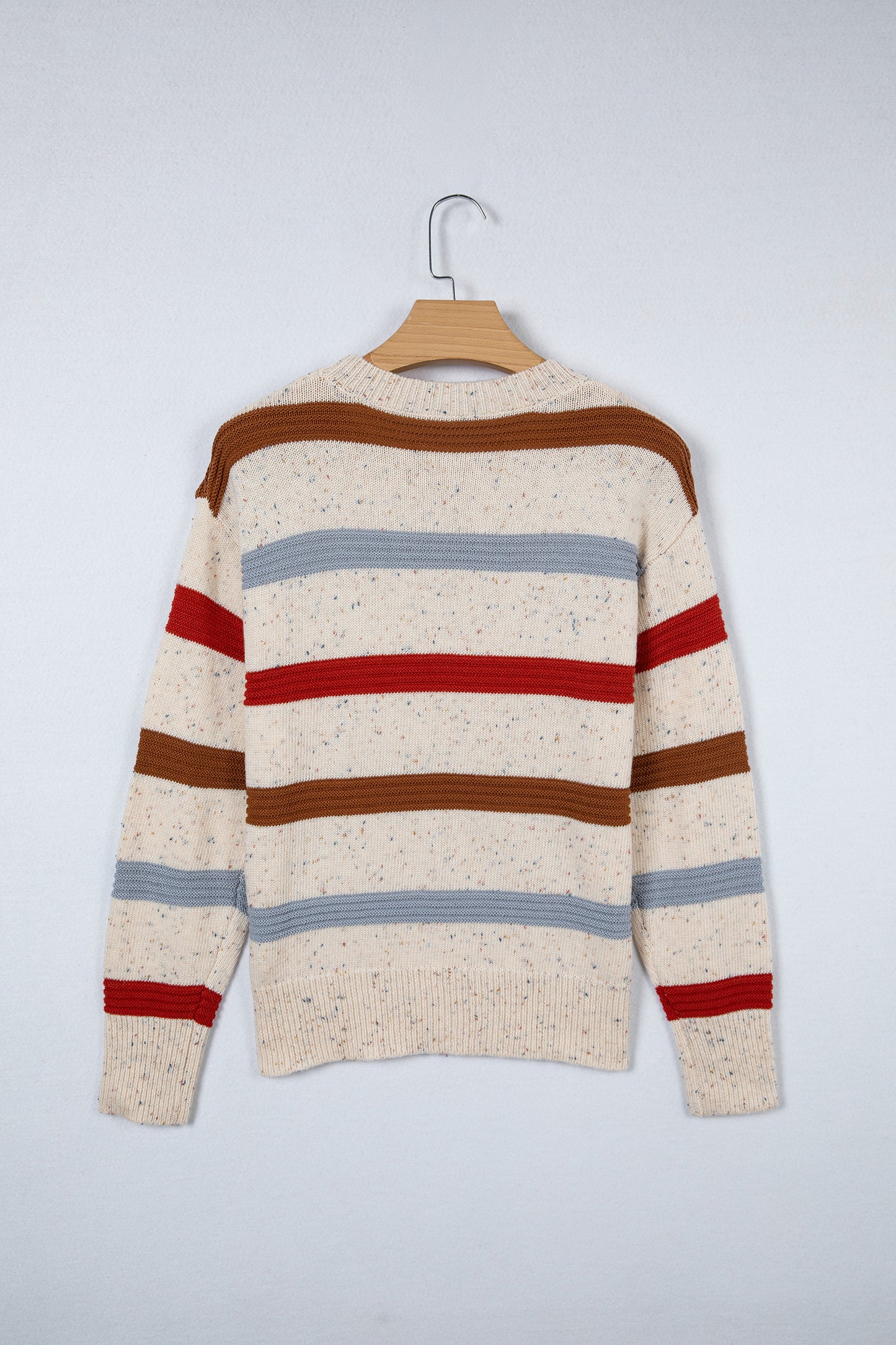 Beige Stripe Exposed Seam Drop Shoulder Heathered Knit Sweater-TOPS / DRESSES-[Adult]-[Female]-2022 Online Blue Zone Planet