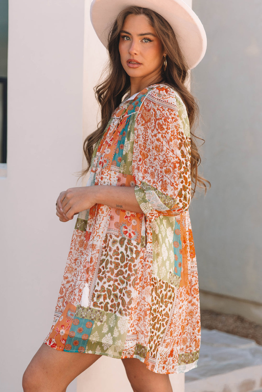 Blue Zone Planet | Orange Boho Paisley Mixed Print 3/4 Sleeve Chiffon Loose Dress-TOPS / DRESSES-[Adult]-[Female]-2022 Online Blue Zone Planet