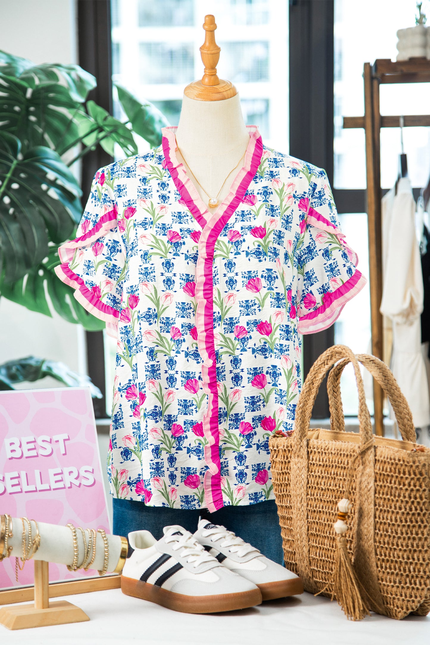 Rose Floral Print Ruffle V-Neck Short Sleeve Loose Tunic Shirt-Tops/Blouses & Shirts-[Adult]-[Female]-2022 Online Blue Zone Planet