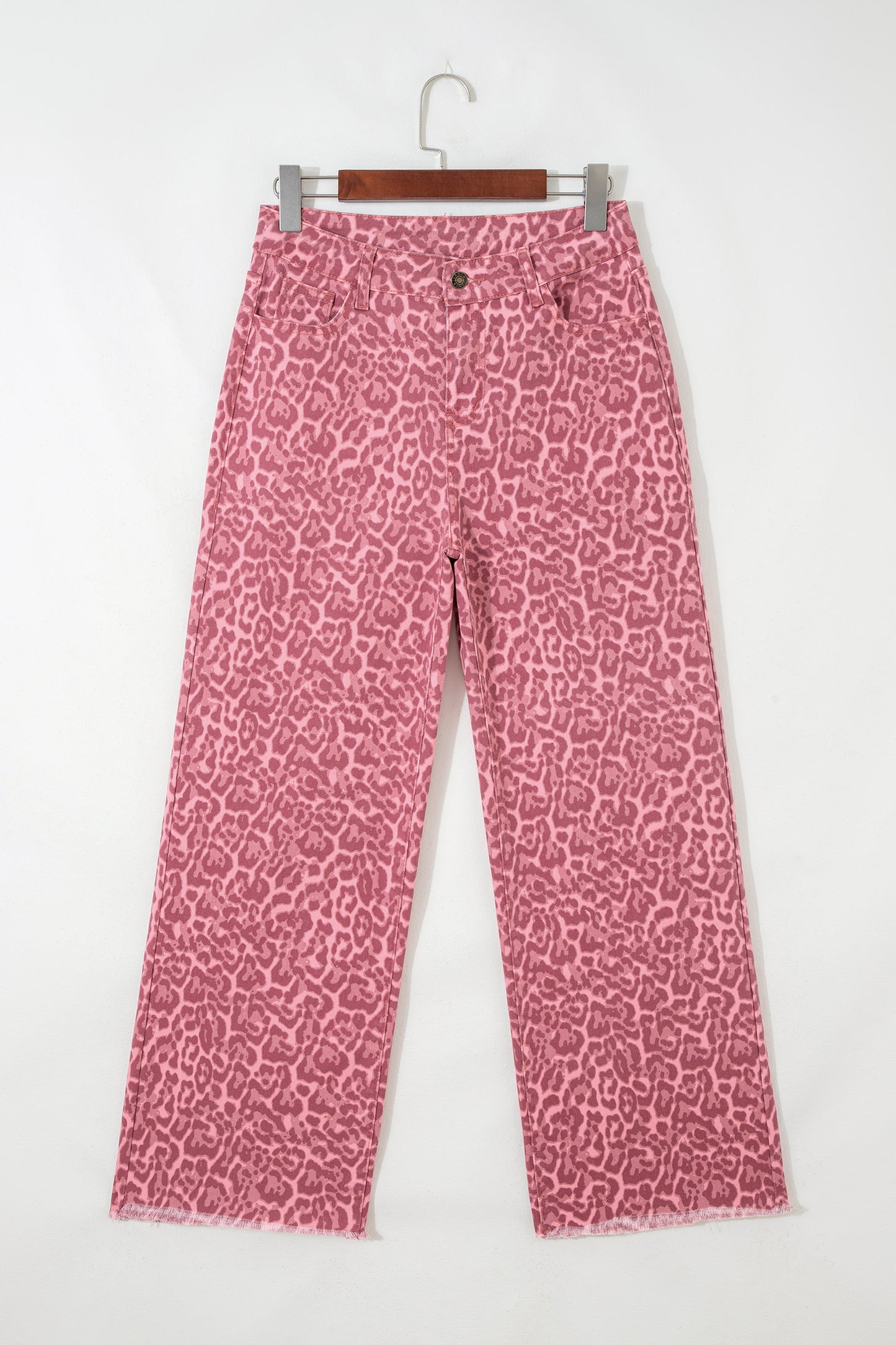 Rose Leopard Frayed Edge Wide Leg High Waist Jeans-Bottoms/Jeans-[Adult]-[Female]-2022 Online Blue Zone Planet