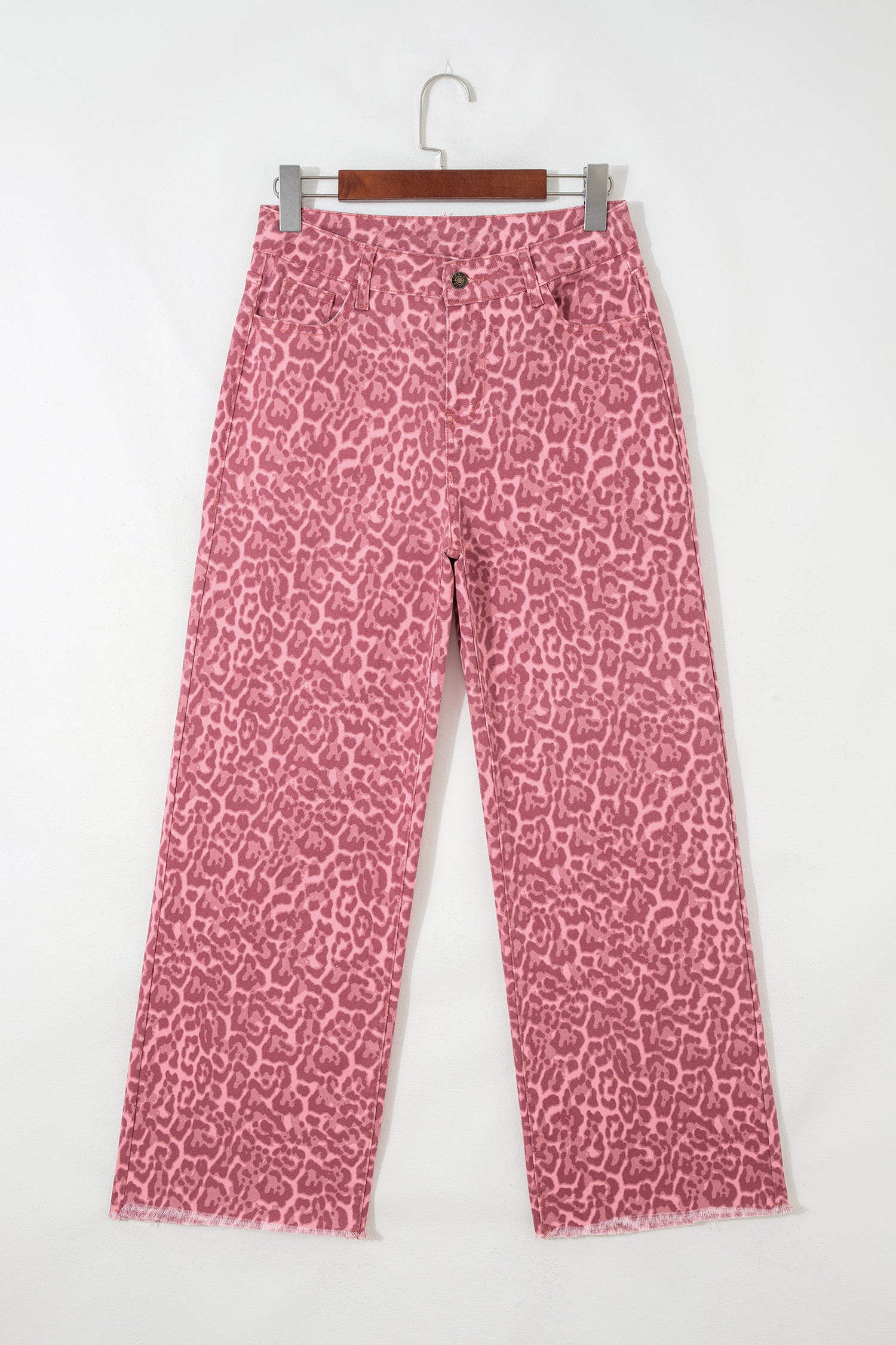 Rose Leopard Frayed Edge Wide Leg High Waist Jeans-Bottoms/Jeans-[Adult]-[Female]-2022 Online Blue Zone Planet