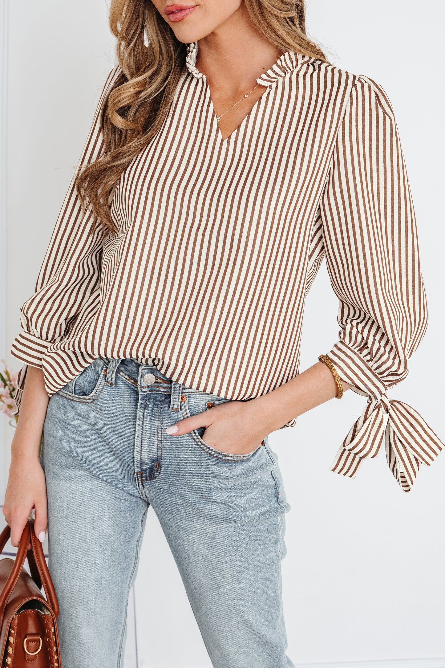 Straw Yellow Striped Print Tied Cuffs Split Neck Seersucker Blouse-Tops/Blouses & Shirts-[Adult]-[Female]-2022 Online Blue Zone Planet