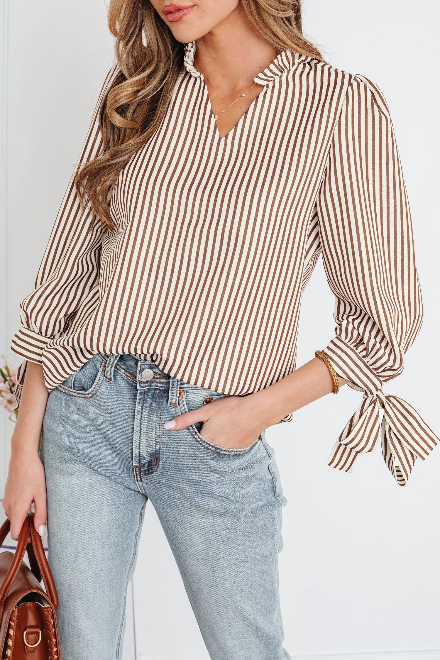 Straw Yellow Striped Print Tied Cuffs Split Neck Seersucker Blouse-Tops/Blouses & Shirts-[Adult]-[Female]-2022 Online Blue Zone Planet