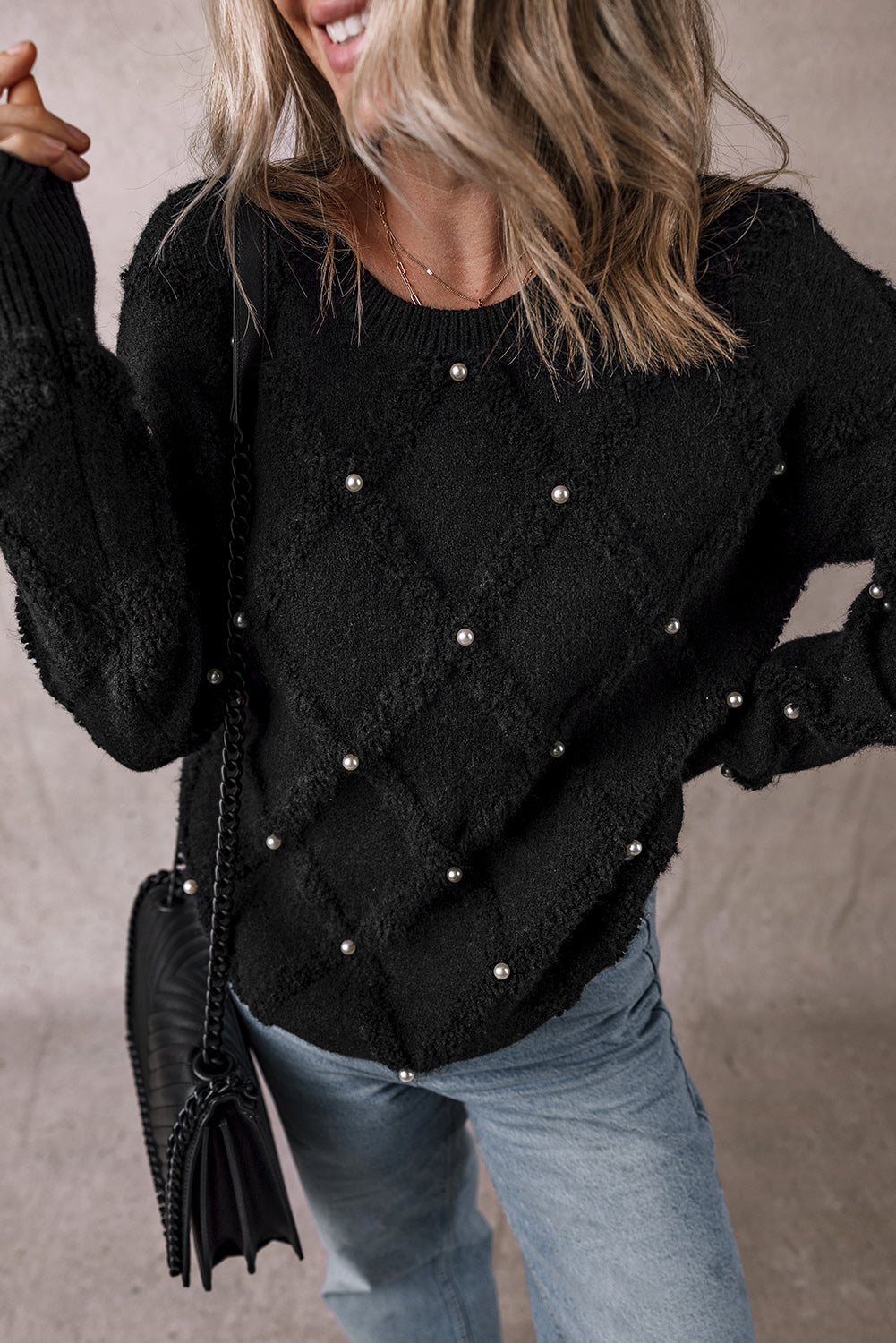 Black Pearl Embellished Rhombus Pattern Sweater-Sweaters & Cardigans/Sweaters-[Adult]-[Female]-2022 Online Blue Zone Planet