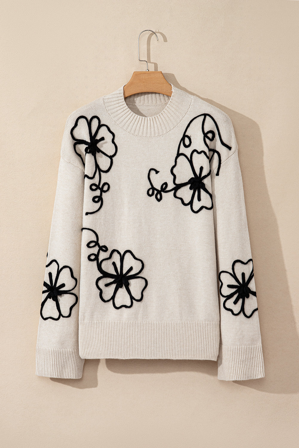 Beige Flower Stitching Mock Neck Sweater-TOPS / DRESSES-[Adult]-[Female]-2022 Online Blue Zone Planet
