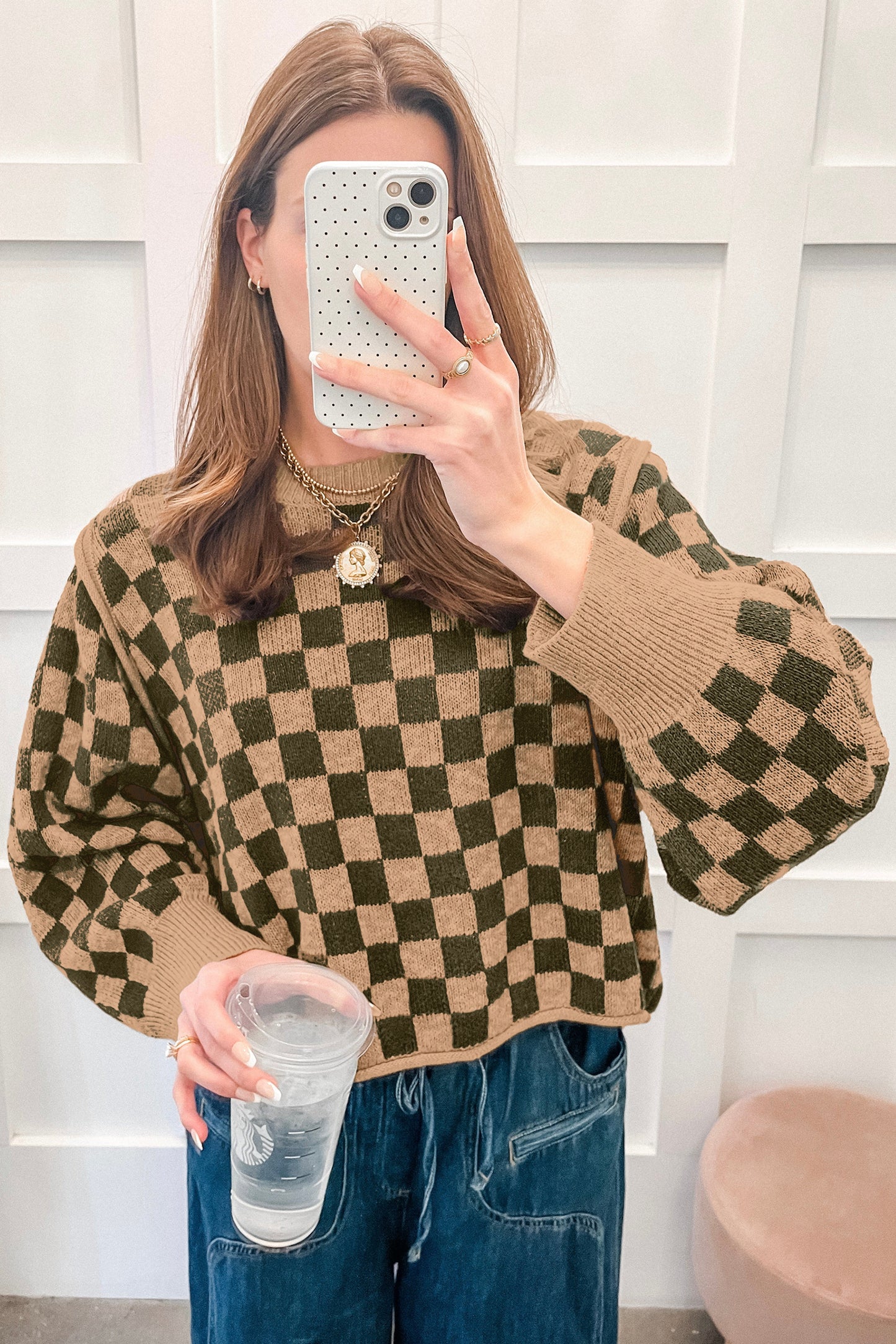 Multicolour Drop Shoulder Plaid Knit Long Sleeve Sweater-Sweaters & Cardigans/Sweaters-[Adult]-[Female]-2022 Online Blue Zone Planet