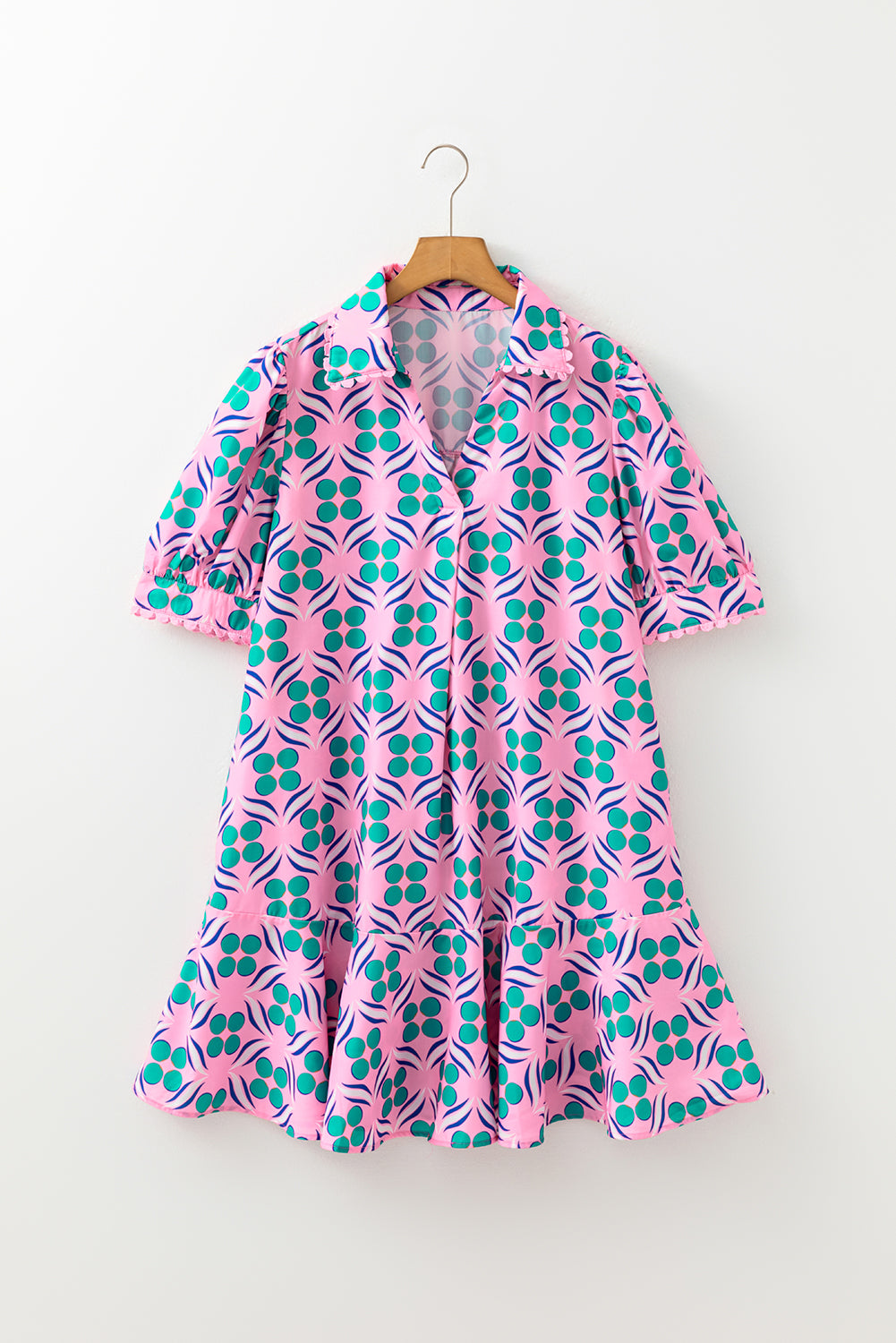 Pink Geometric Floral Print V Neck Ricrac Trim Short Sleeve Mini Dress-TOPS / DRESSES-[Adult]-[Female]-2022 Online Blue Zone Planet