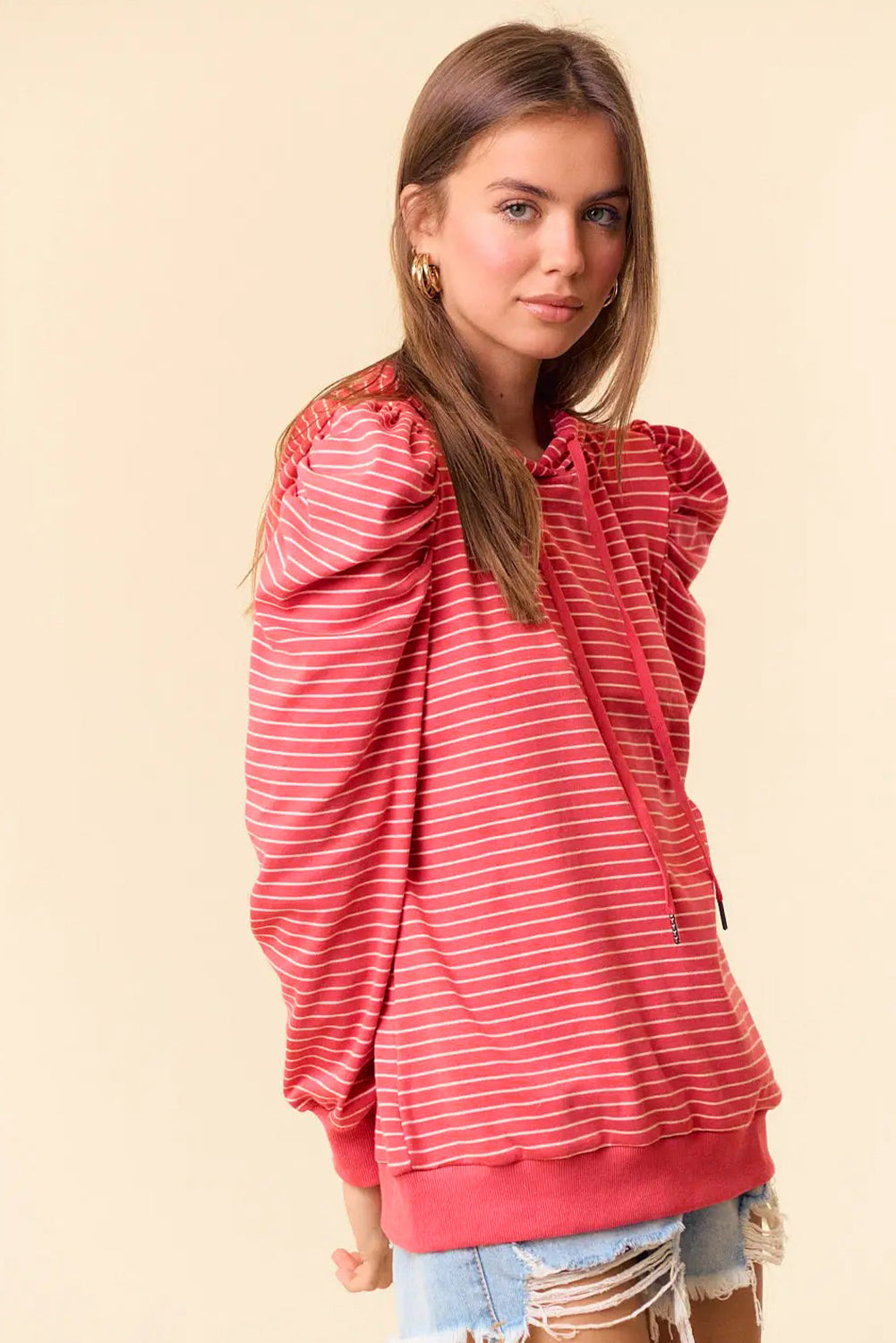 Red Stripe Puff Sleeve Stripe Hoodie-Tops / Dresses-[Adult]-[Female]-2022 Online Blue Zone Planet