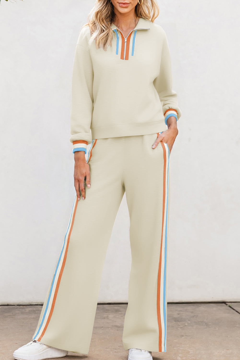 Apricot Striped Patchwork Quarter Zip Pullover Loose Pant Set-Two Piece Sets/Pant Sets-[Adult]-[Female]-Apricot-S-2022 Online Blue Zone Planet