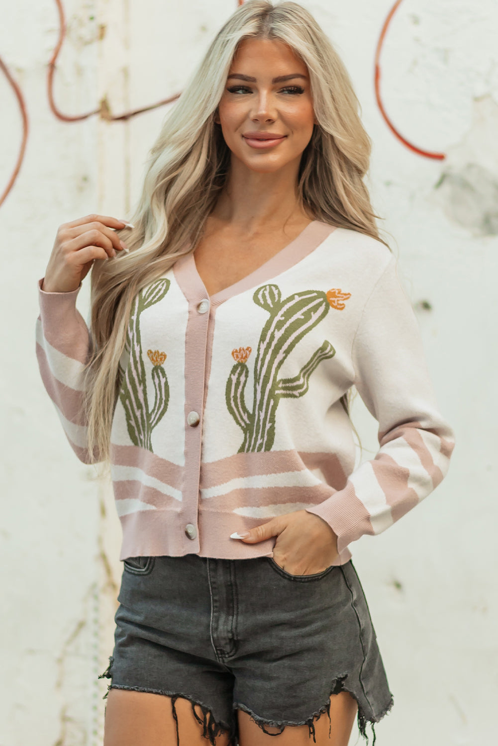 Apricot Desert Cactus Buttoned Front Sweater Cardigan-Sweaters & Cardigans/Cardigans-[Adult]-[Female]-2022 Online Blue Zone Planet