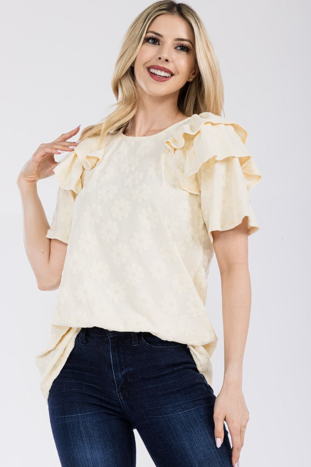 Celeste Full Size Ruffle Layered Short Sleeve Daisy Floral Top-TOPS / DRESSES-[Adult]-[Female]-2022 Online Blue Zone Planet