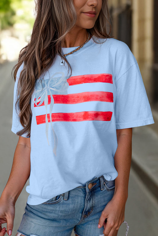 Myosotis Flag Bow Graphic Crewneck Tee-Tops/Tops & Tees-[Adult]-[Female]-Myosotis-S-2022 Online Blue Zone Planet