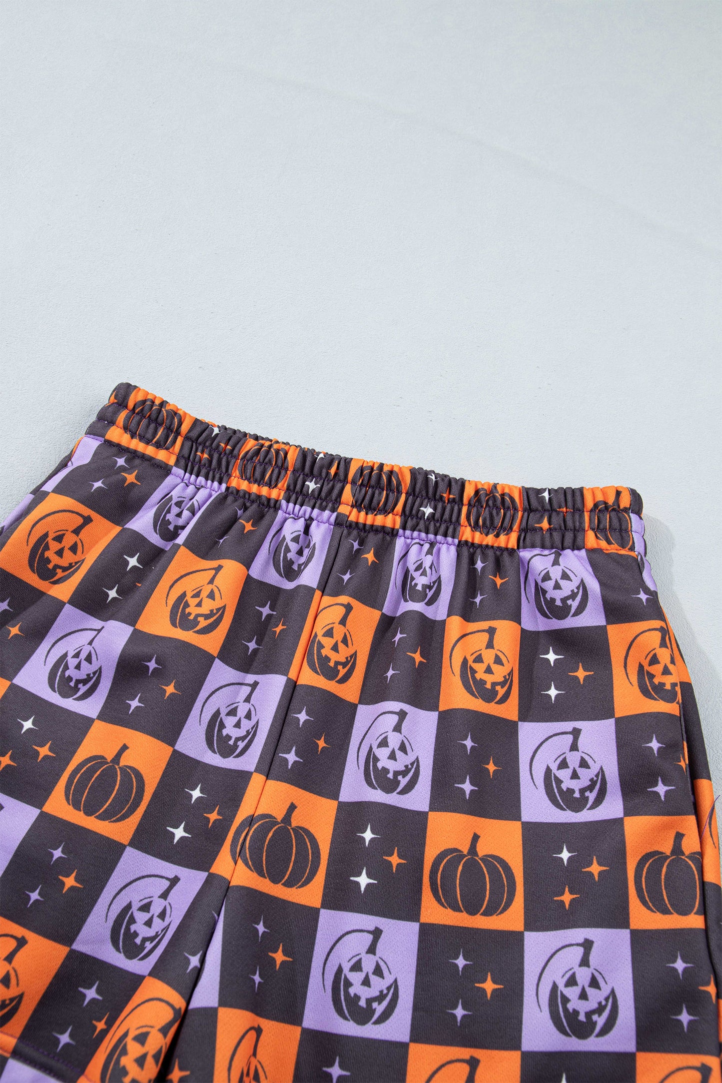 Orange Witch Letter Print Long Sleeve Top Checkered Elastic Waist Shorts Set-Two Piece Sets/Short Sets-[Adult]-[Female]-2022 Online Blue Zone Planet