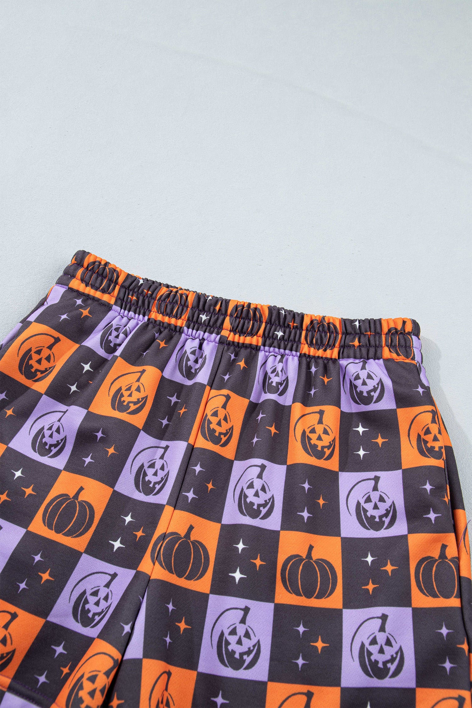 Orange Witch Letter Print Long Sleeve Top Checkered Elastic Waist Shorts Set-Two Piece Sets/Short Sets-[Adult]-[Female]-2022 Online Blue Zone Planet
