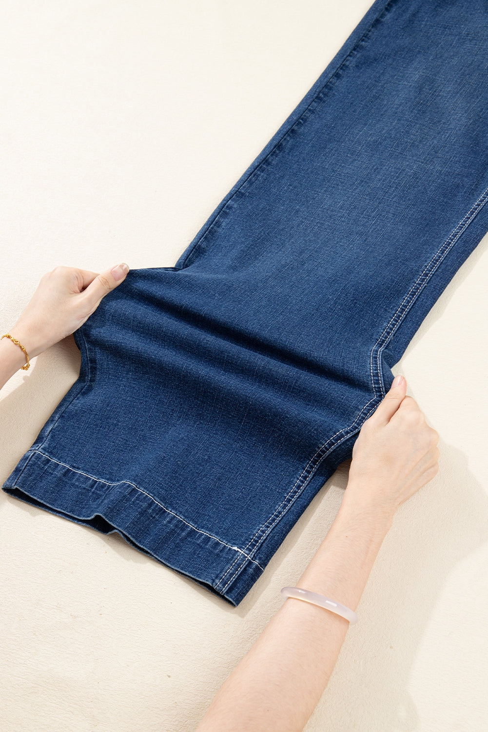 Sail Blue Stitched Waist Detail Loose Cuffed Jeans-Bottoms/Jeans-[Adult]-[Female]-2022 Online Blue Zone Planet
