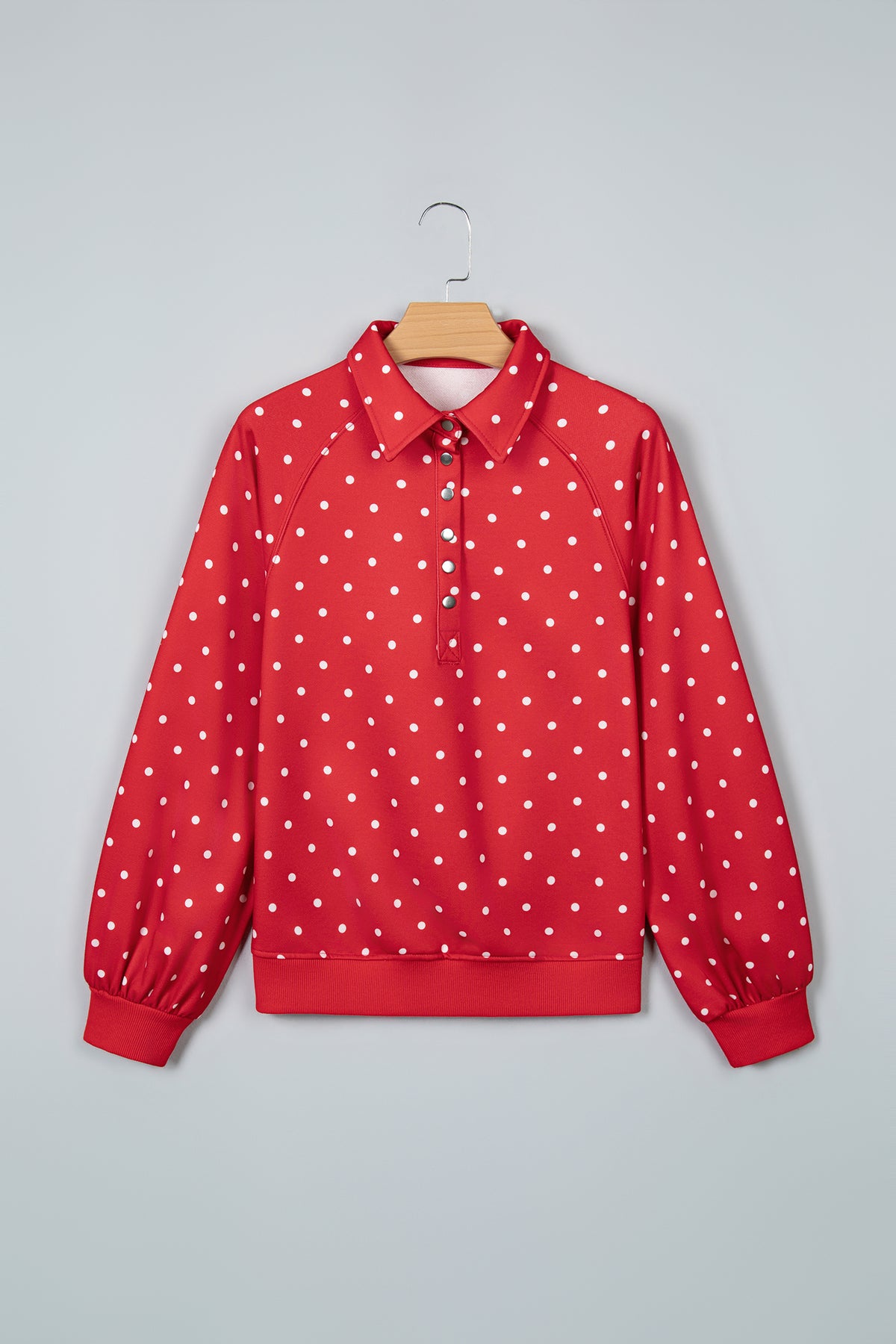 Red Polka Dot Print Metal Button Collar Casual Pullover Sweatshirt-Tops/Sweatshirts & Hoodies-[Adult]-[Female]-2022 Online Blue Zone Planet