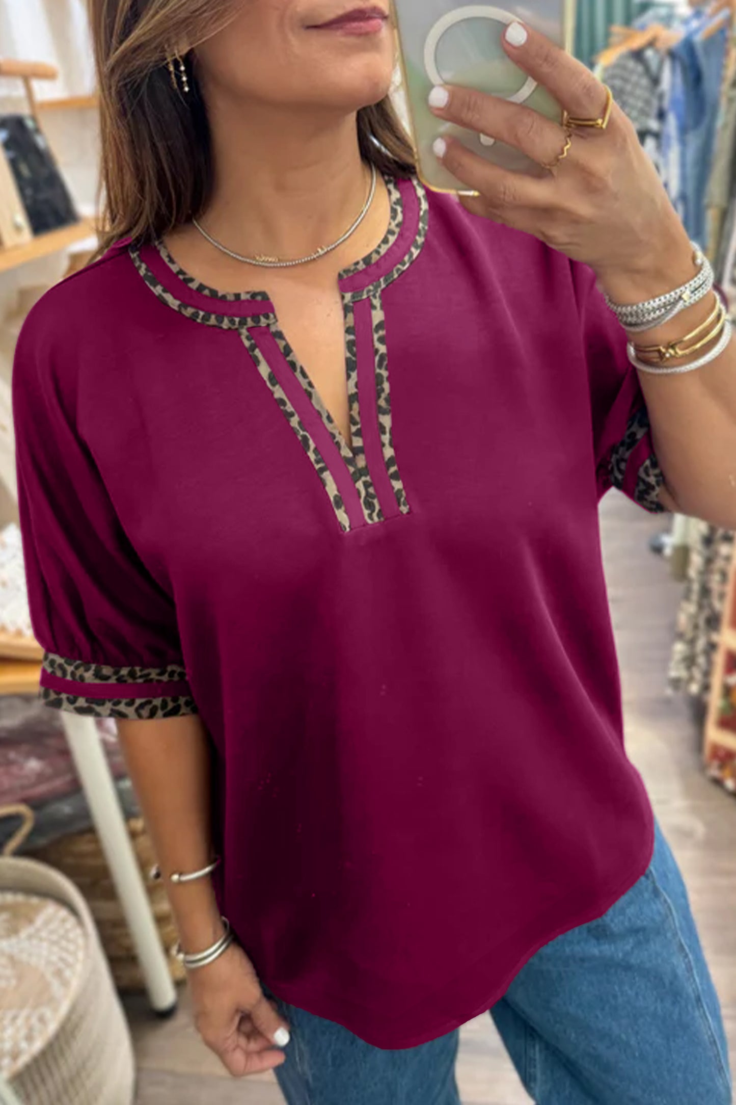Red Dahlia Contrast Leopard Trim V Neck Short Sleeve Blouse-Tops/Blouses & Shirts-[Adult]-[Female]-2022 Online Blue Zone Planet