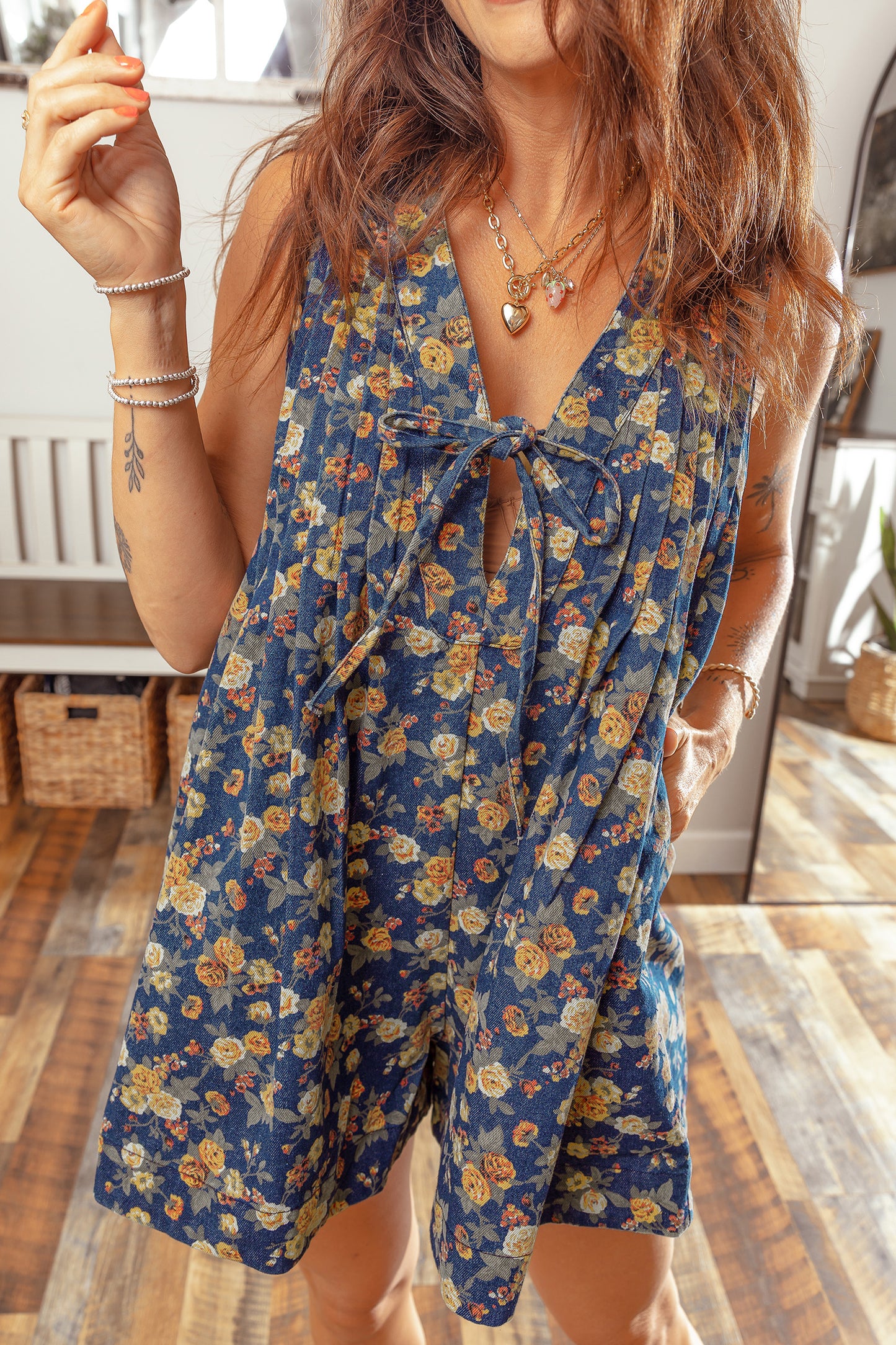 Blue Retro Floral Print Bow Tie V Neck Sleeveless Pleated Loose Denim Romper-Bottoms/Jumpsuits & Rompers-[Adult]-[Female]-Blue-S-2022 Online Blue Zone Planet