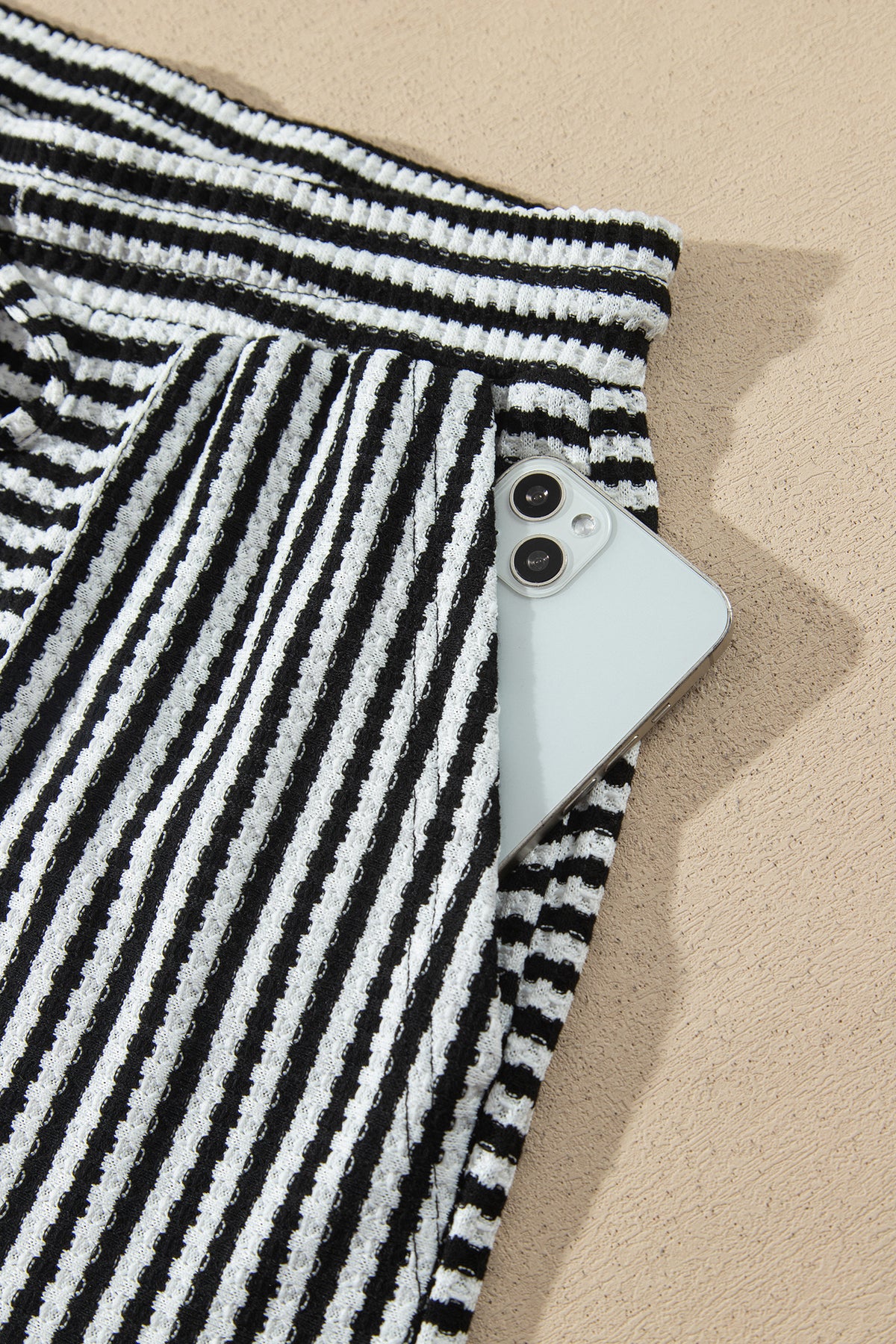Brown Stripe Textured Knit Long Sleeve Top Elastic Waist Shorts Casual Outfit-Two Piece Sets/Short Sets-[Adult]-[Female]-2022 Online Blue Zone Planet