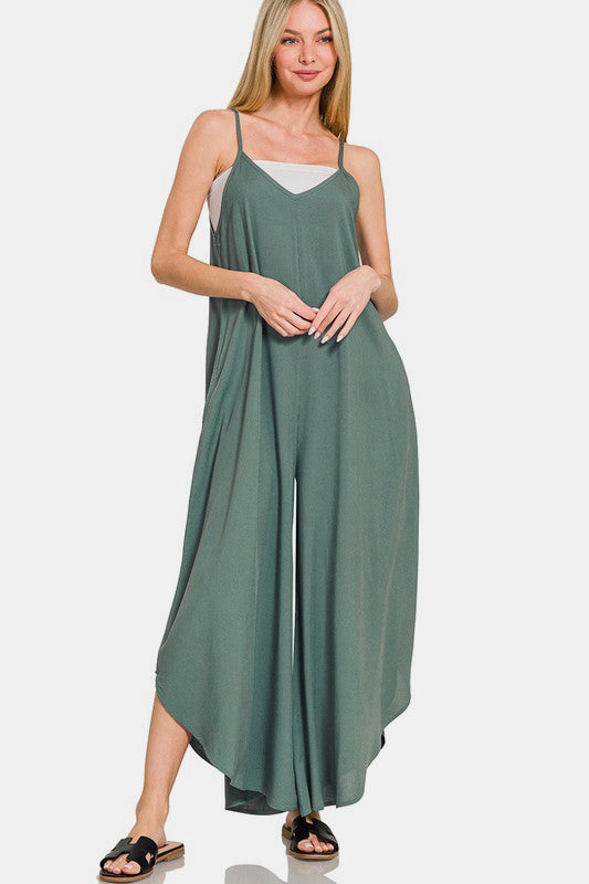 Zenana Sleeveless Curved Hem Wide Leg Overalls with Pockets-TOPS / DRESSES-[Adult]-[Female]-Ash Jade-S-2022 Online Blue Zone Planet