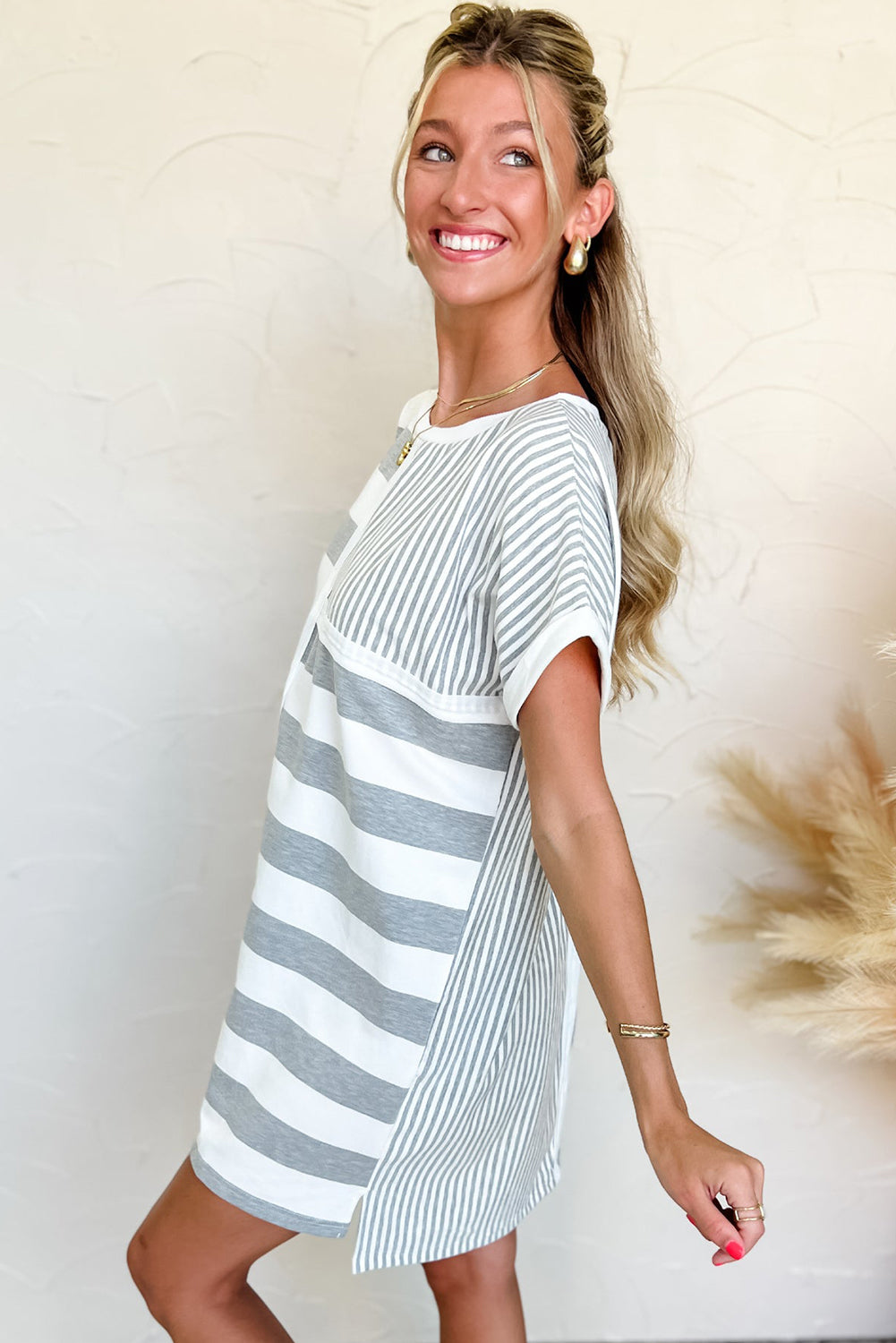 Gray Stripe Mixed Printed Short Sleeve Shift Mini T Shirt Dress-Dresses/T Shirt Dresses-[Adult]-[Female]-2022 Online Blue Zone Planet